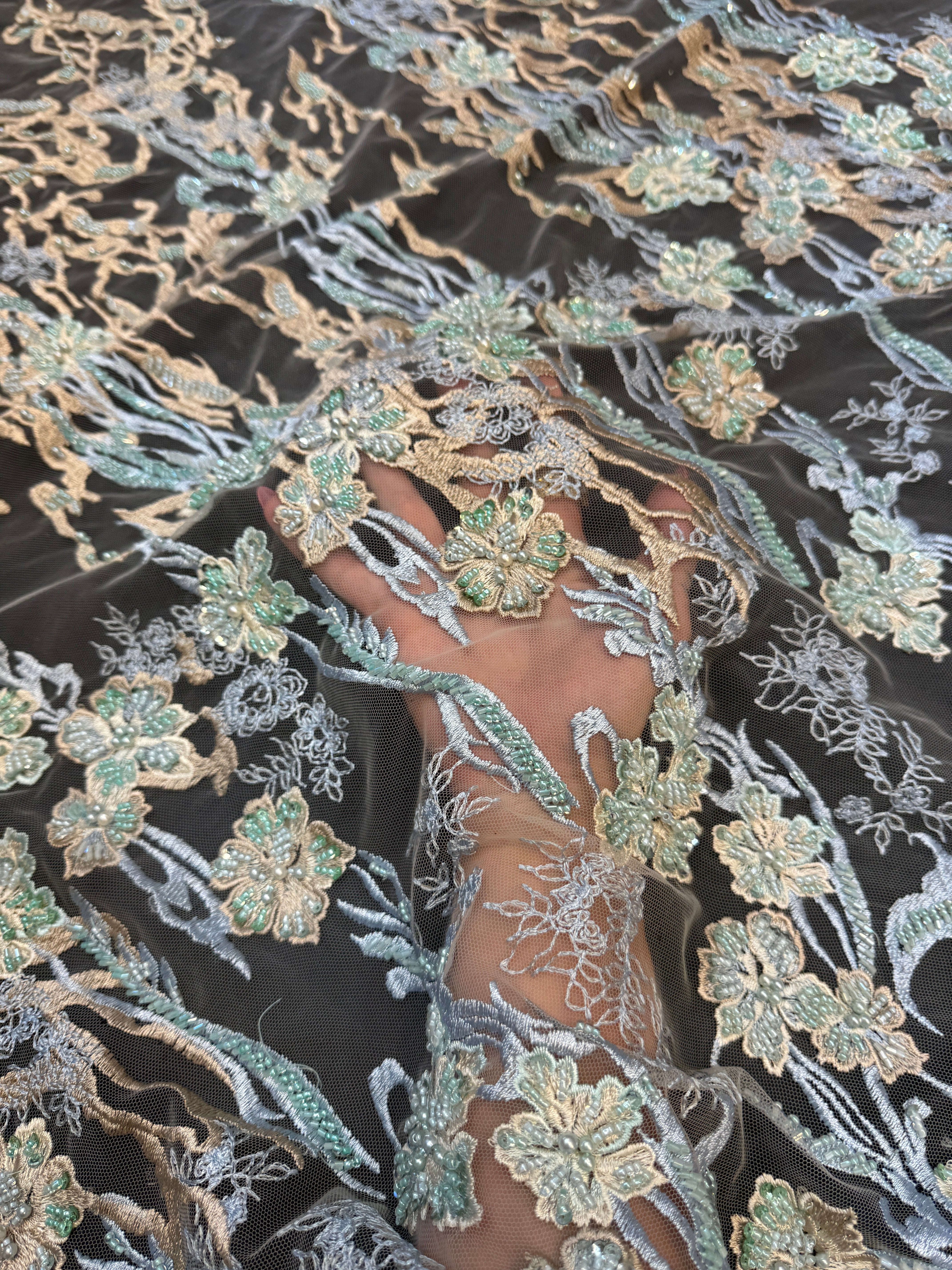 Blush-Mint Pearl Beaded Floral Embroidery Lace, Kiki Sewing Store, Luxury Fabric, Cheap Fabric Store, Kiki Textiles, Textile by the Yard, Los Angeles Fabrics