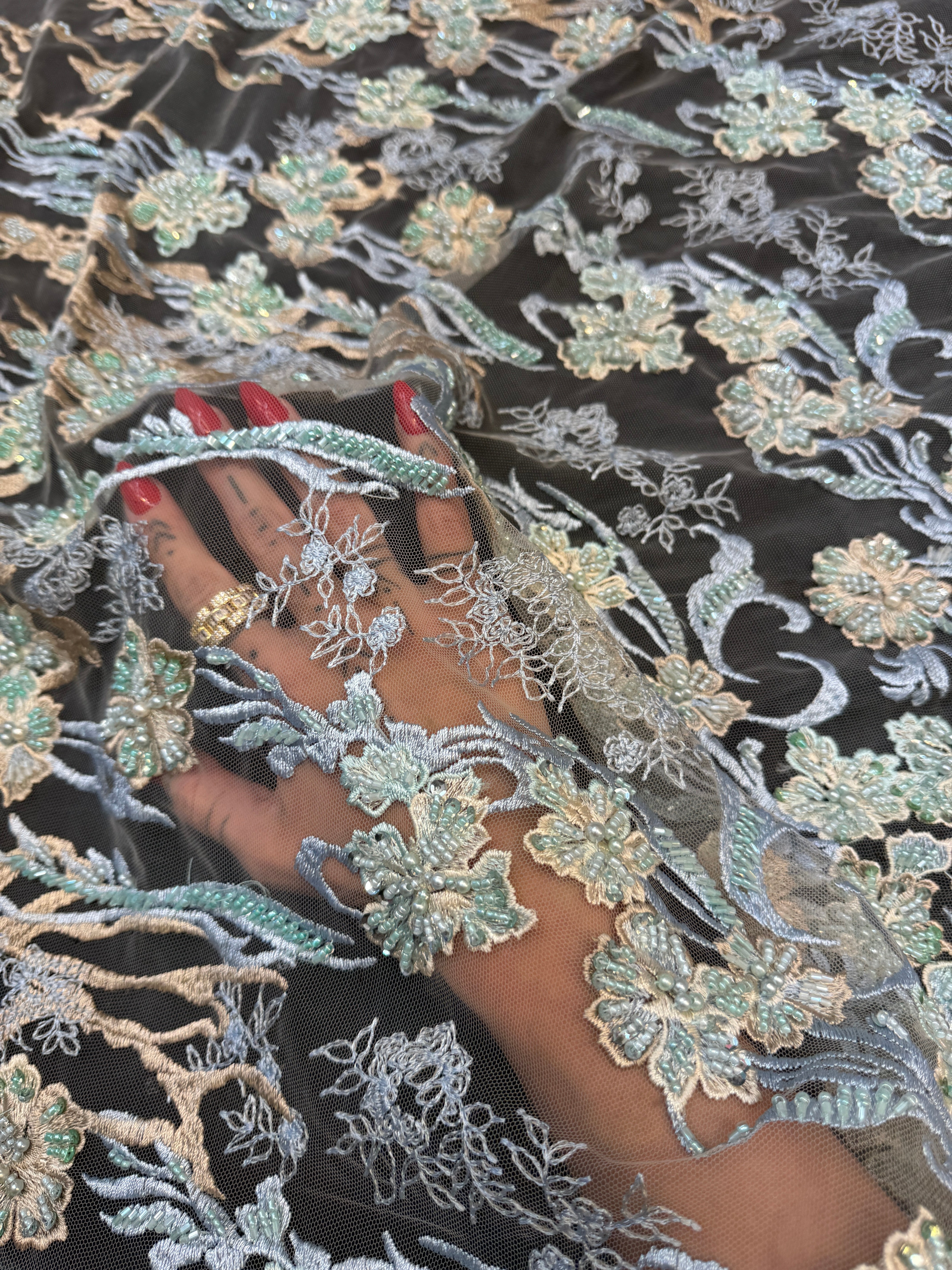 Blush-Mint Pearl Beaded Floral Embroidery Lace, Kiki Sewing Store, Luxury Fabric, Cheap Fabric Store, Kiki Textiles, Textile by the Yard, Los Angeles Fabrics