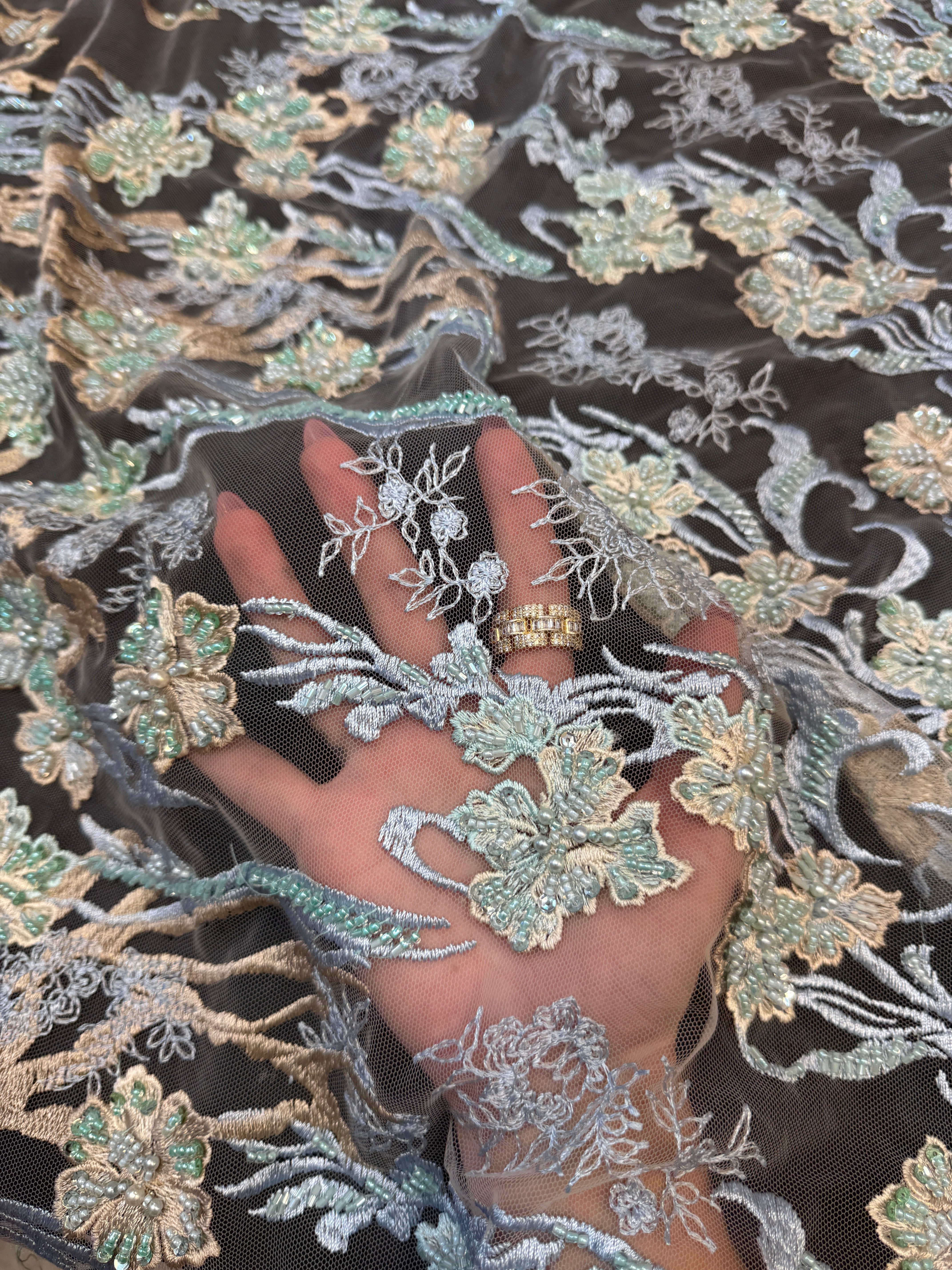 Blush-Mint Pearl Beaded Floral Embroidery Lace, Kiki Sewing Store, Luxury Fabric, Cheap Fabric Store, Kiki Textiles, Textile by the Yard, Los Angeles Fabrics