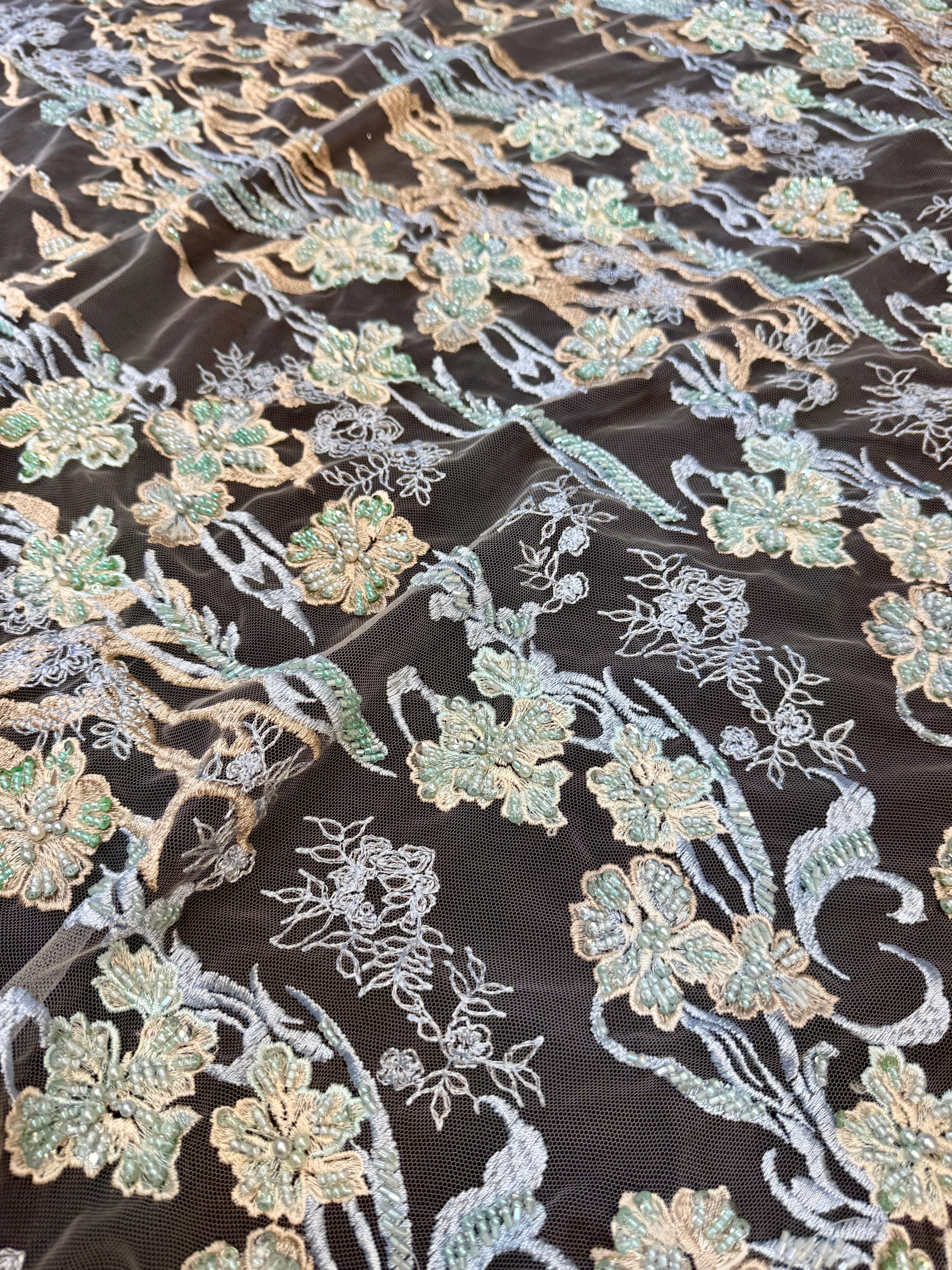Blush-Mint Pearl Beaded Floral Embroidery Lace, Floral Embroidery Lace, Beaded Floral Lace, Pearl Lace Fabric, Embroidered Lace Fabric, Floral Lace Fabric, Beaded Lace Fabric, Embellished Lace Fabric