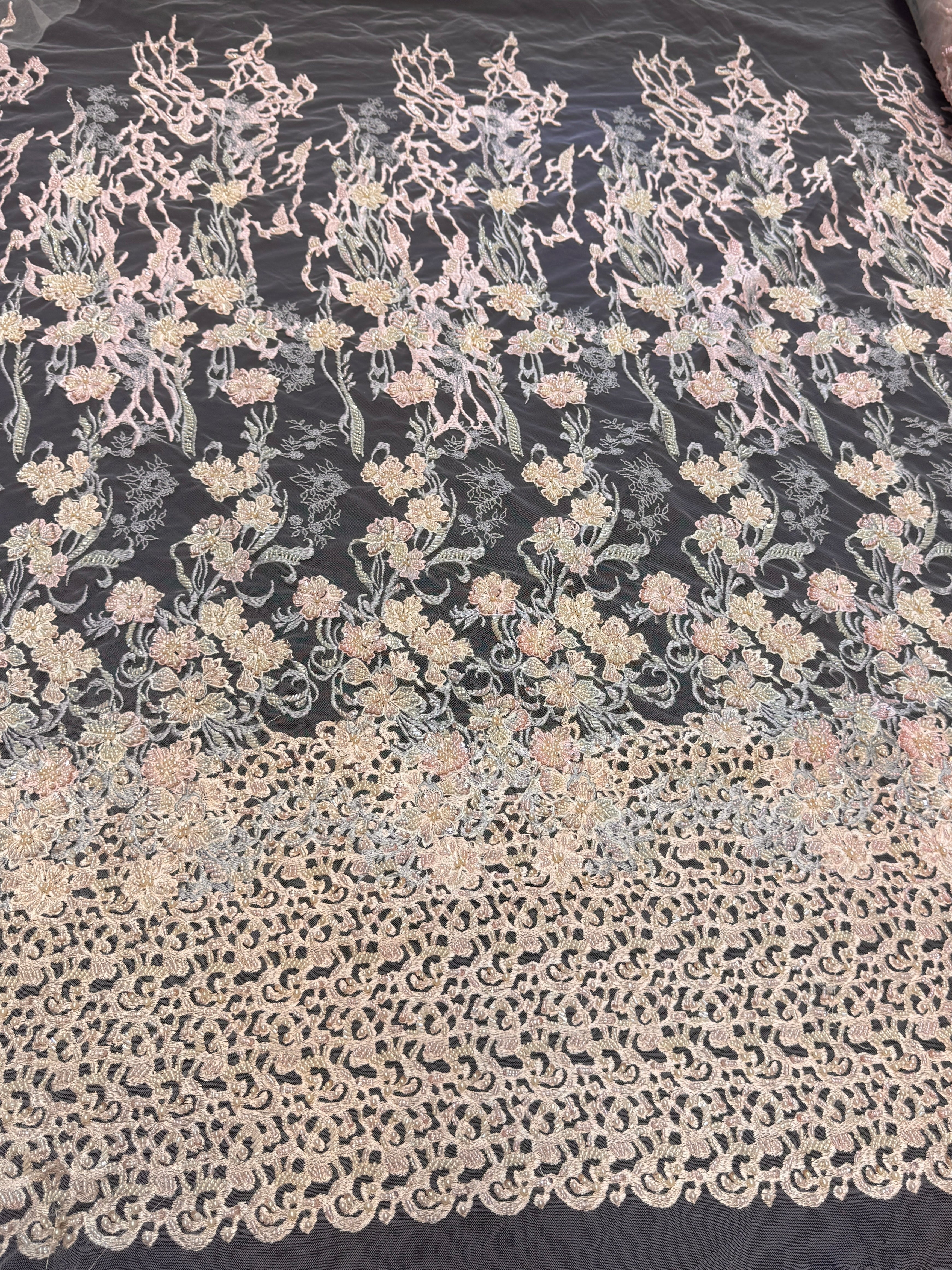 Blush-Peach Pearl Beaded Floral Embroidery Lace, Floral Embroidery Lace, Beaded Floral Lace, Pearl Lace Fabric, Embroidered Lace Fabric, Floral Lace Fabric, Beaded Lace Fabric, Embellished Lace Fabric