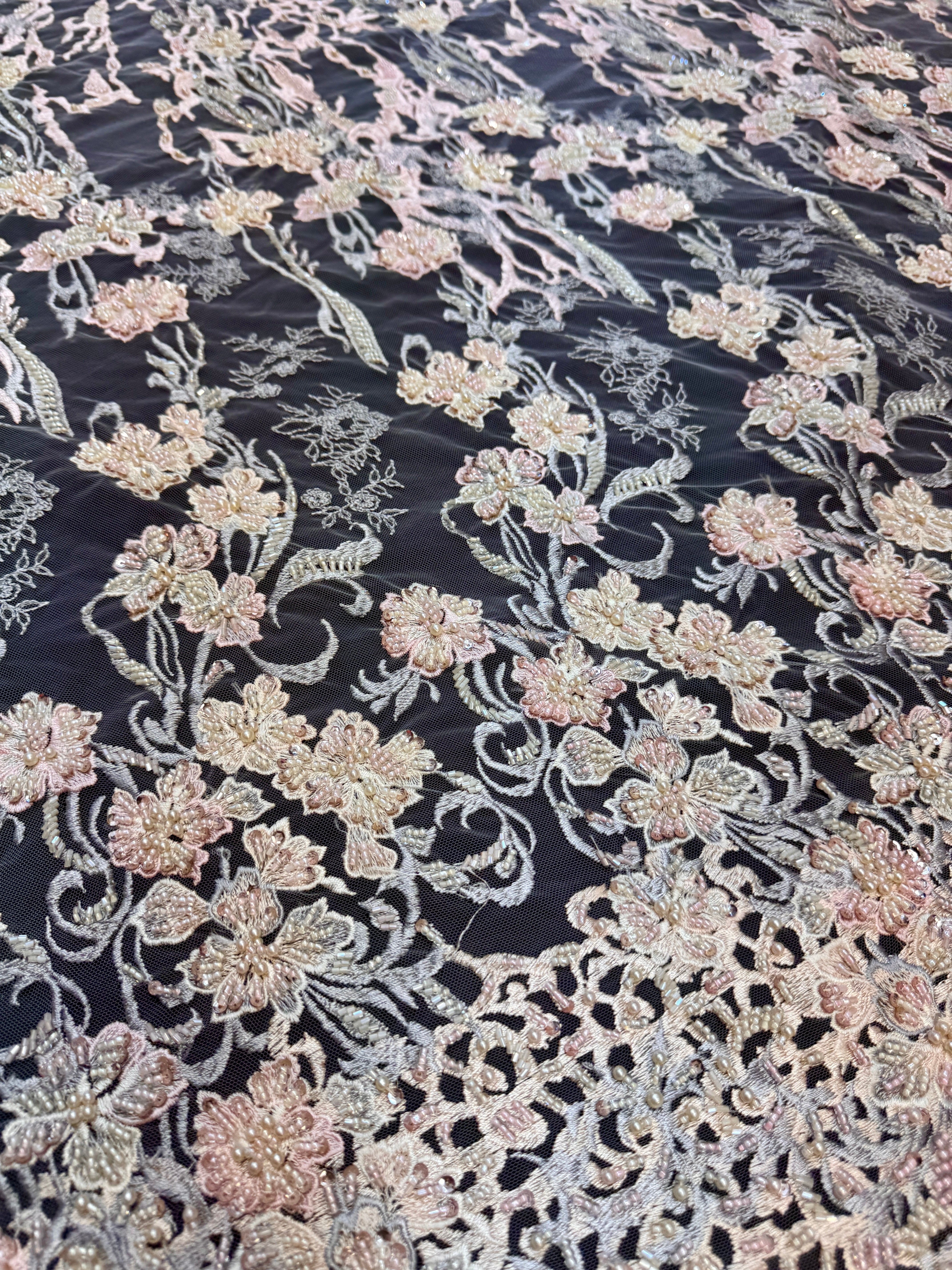 Blush-Peach Pearl Beaded Floral Embroidery Lace, Floral Embroidery Lace, Beaded Floral Lace, Pearl Lace Fabric, Embroidered Lace Fabric, Floral Lace Fabric, Beaded Lace Fabric, Embellished Lace Fabric