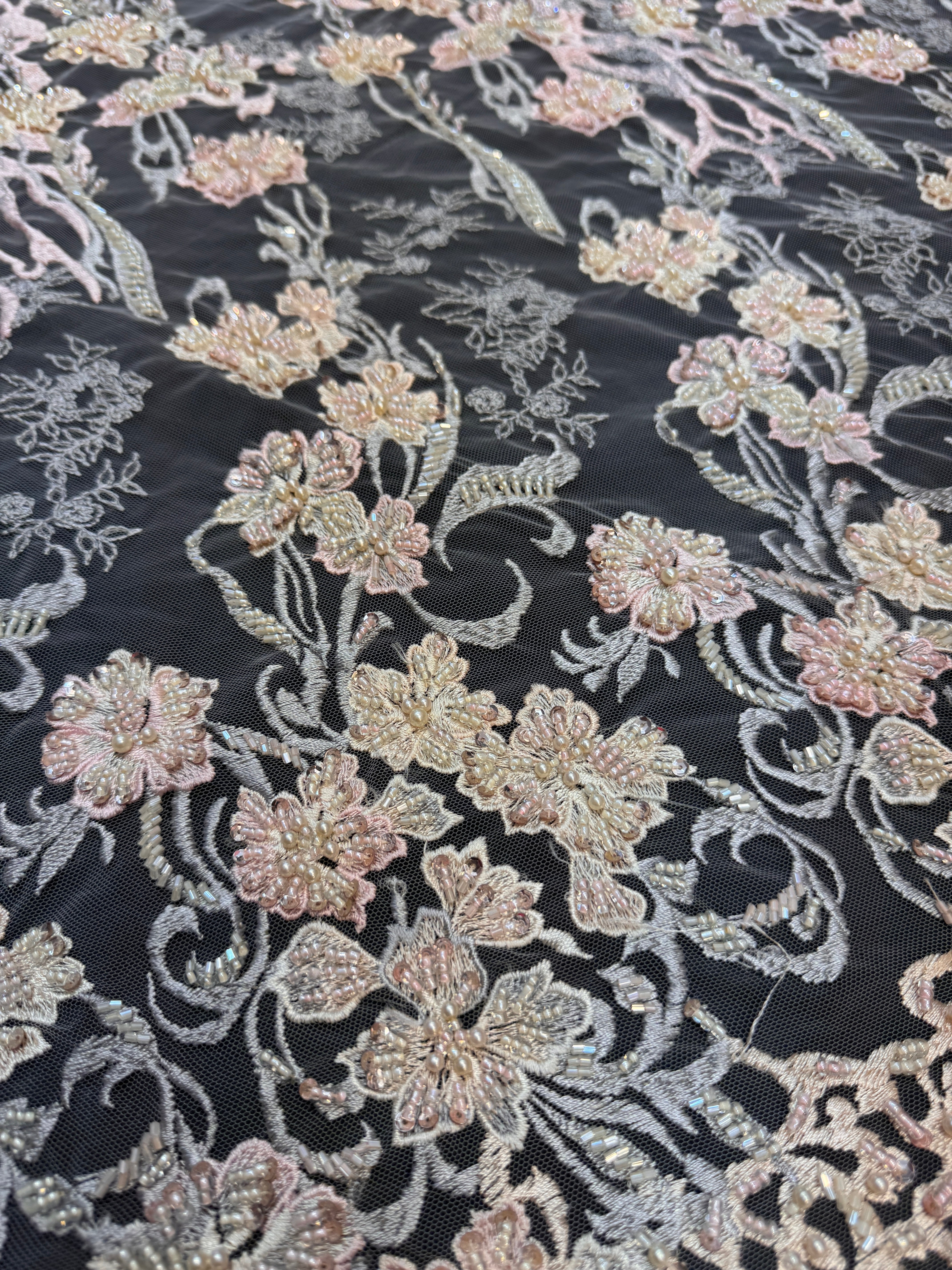 Blush-Peach Pearl Beaded Floral Embroidery Lace, Floral Embroidery Lace, Beaded Floral Lace, Pearl Lace Fabric, Embroidered Lace Fabric, Floral Lace Fabric, Beaded Lace Fabric, Embellished Lace Fabric