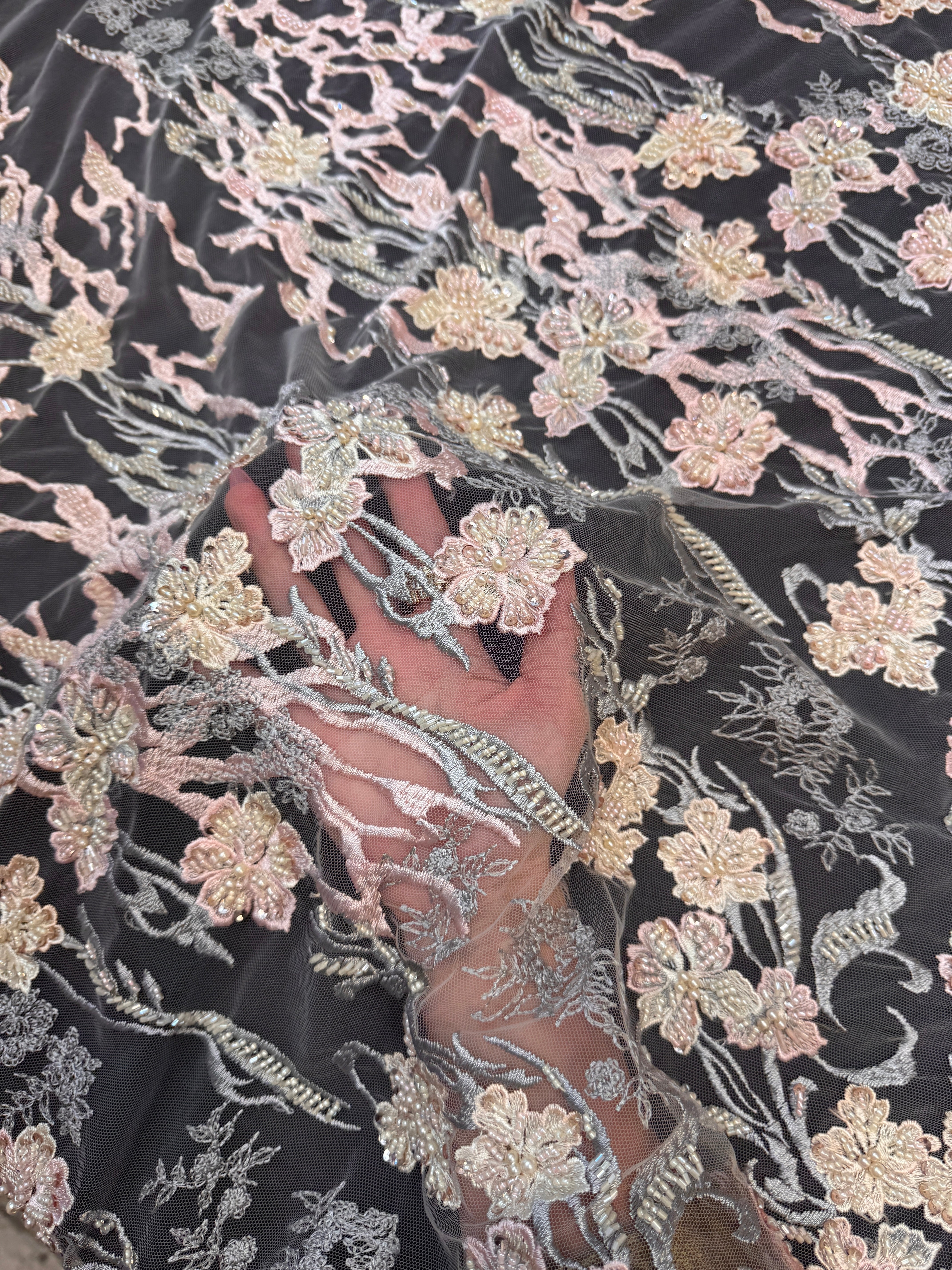 Blush-Peach Pearl Beaded Floral Embroidery Lace, Kiki Sewing Store, Luxury Fabric, Cheap Fabric Store, Kiki Textiles, Textile by the Yard, Los Angeles Fabrics