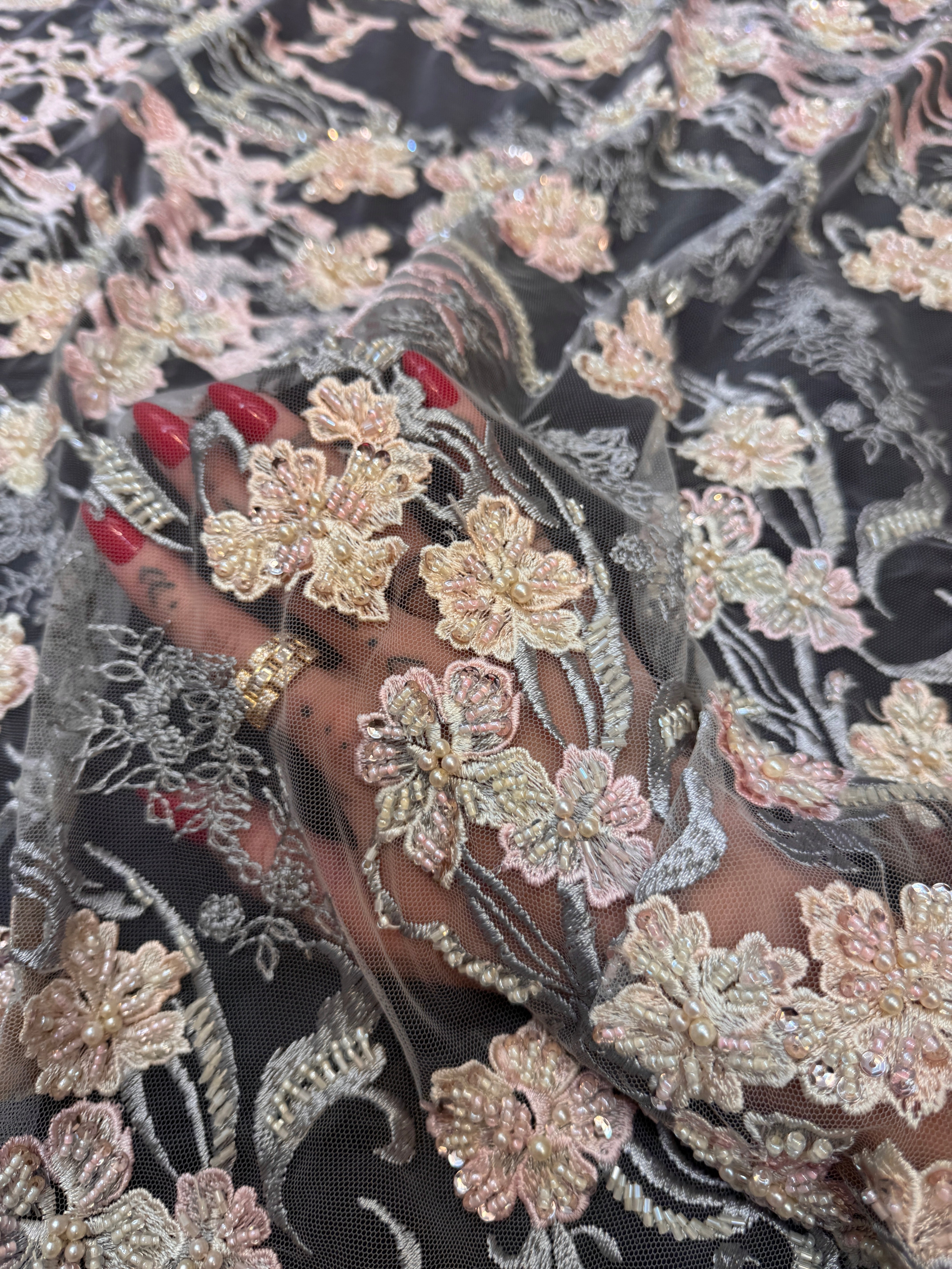 Blush-Peach Pearl Beaded Floral Embroidery Lace, Kiki Sewing Store, Luxury Fabric, Cheap Fabric Store, Kiki Textiles, Textile by the Yard, Los Angeles Fabrics