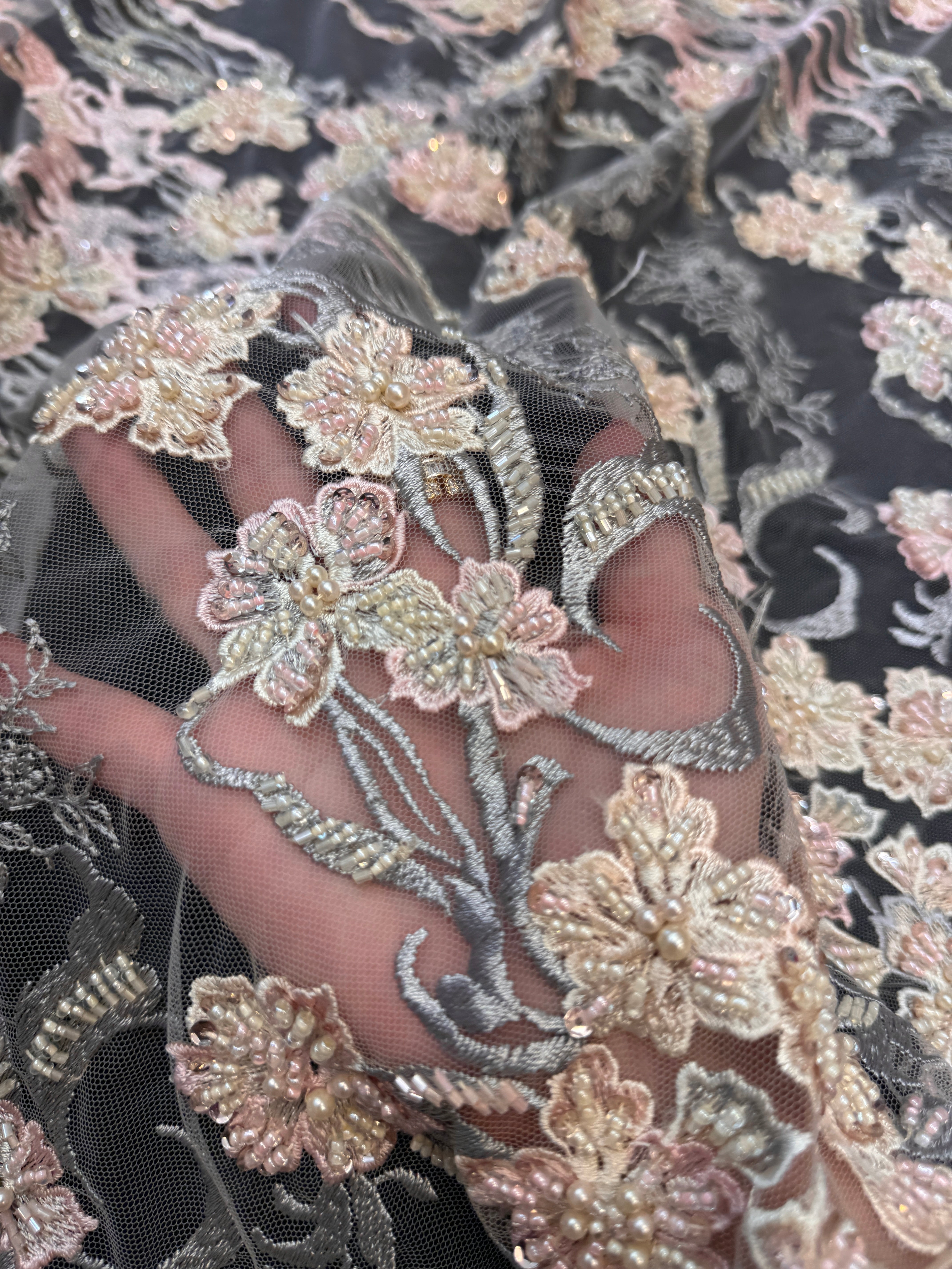 Blush-Peach Pearl Beaded Floral Embroidery Lace, Kiki Sewing Store, Luxury Fabric, Cheap Fabric Store, Kiki Textiles, Textile by the Yard, Los Angeles Fabrics