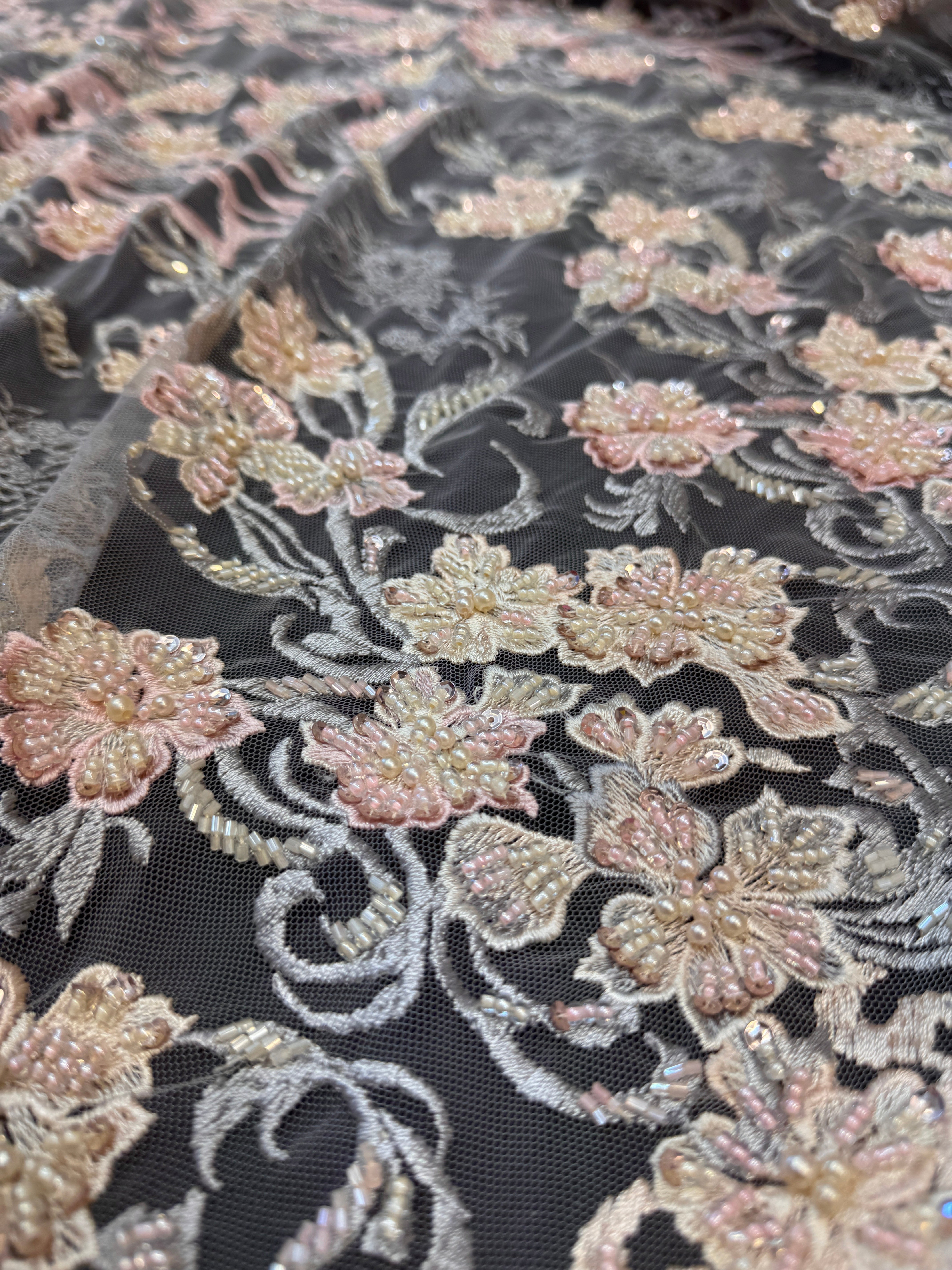 Blush-Peach Pearl Beaded Floral Embroidery Lace, Floral Embroidery Lace, Beaded Floral Lace, Pearl Lace Fabric, Embroidered Lace Fabric, Floral Lace Fabric, Beaded Lace Fabric, Embellished Lace Fabric