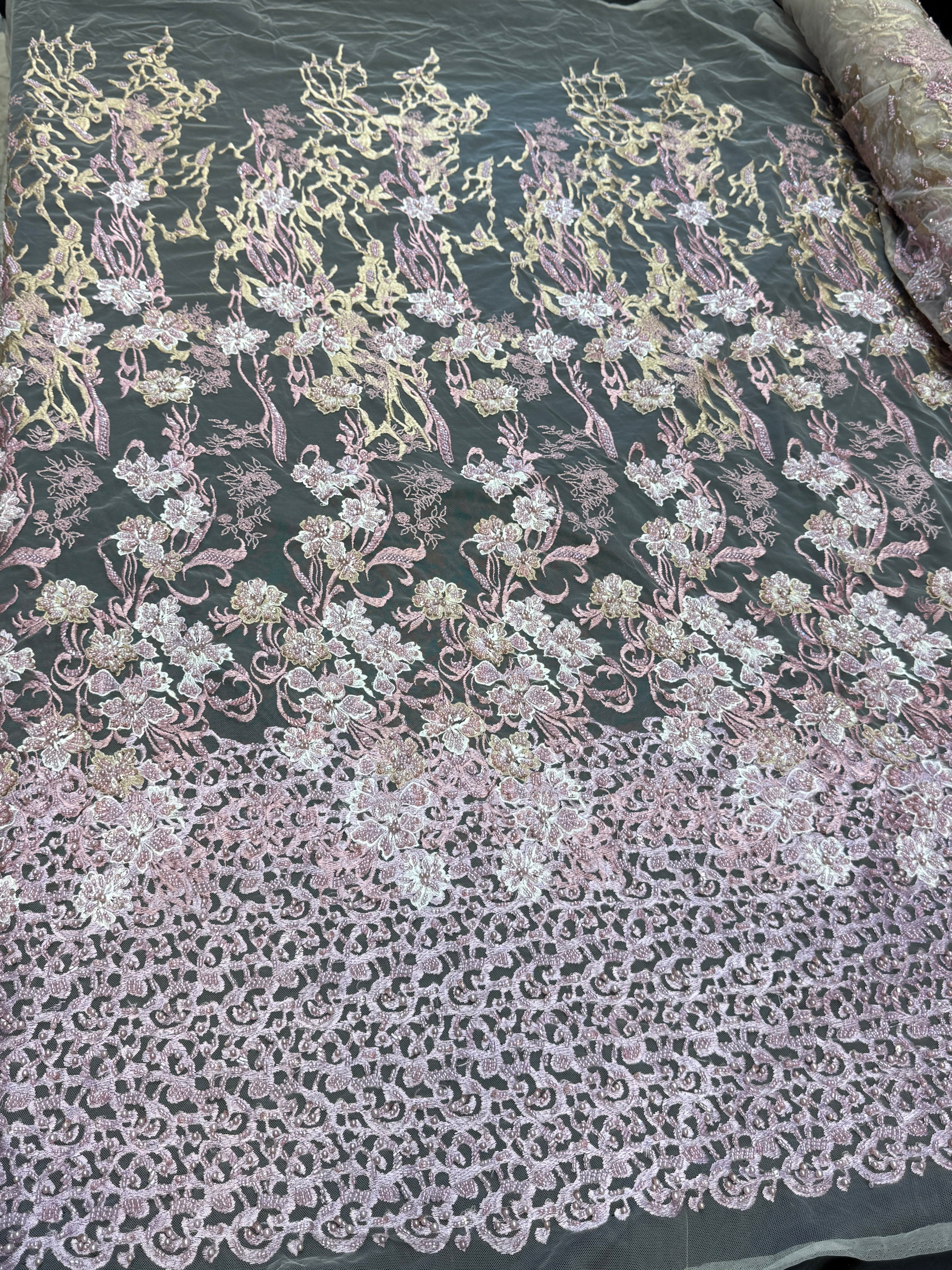 Blush-Mauve Pearl Beaded Floral Embroidery Lace, Kiki Sewing Store, Luxury Fabric, Cheap Fabric Store, Kiki Textiles, Textile by the Yard, Los Angeles Fabrics