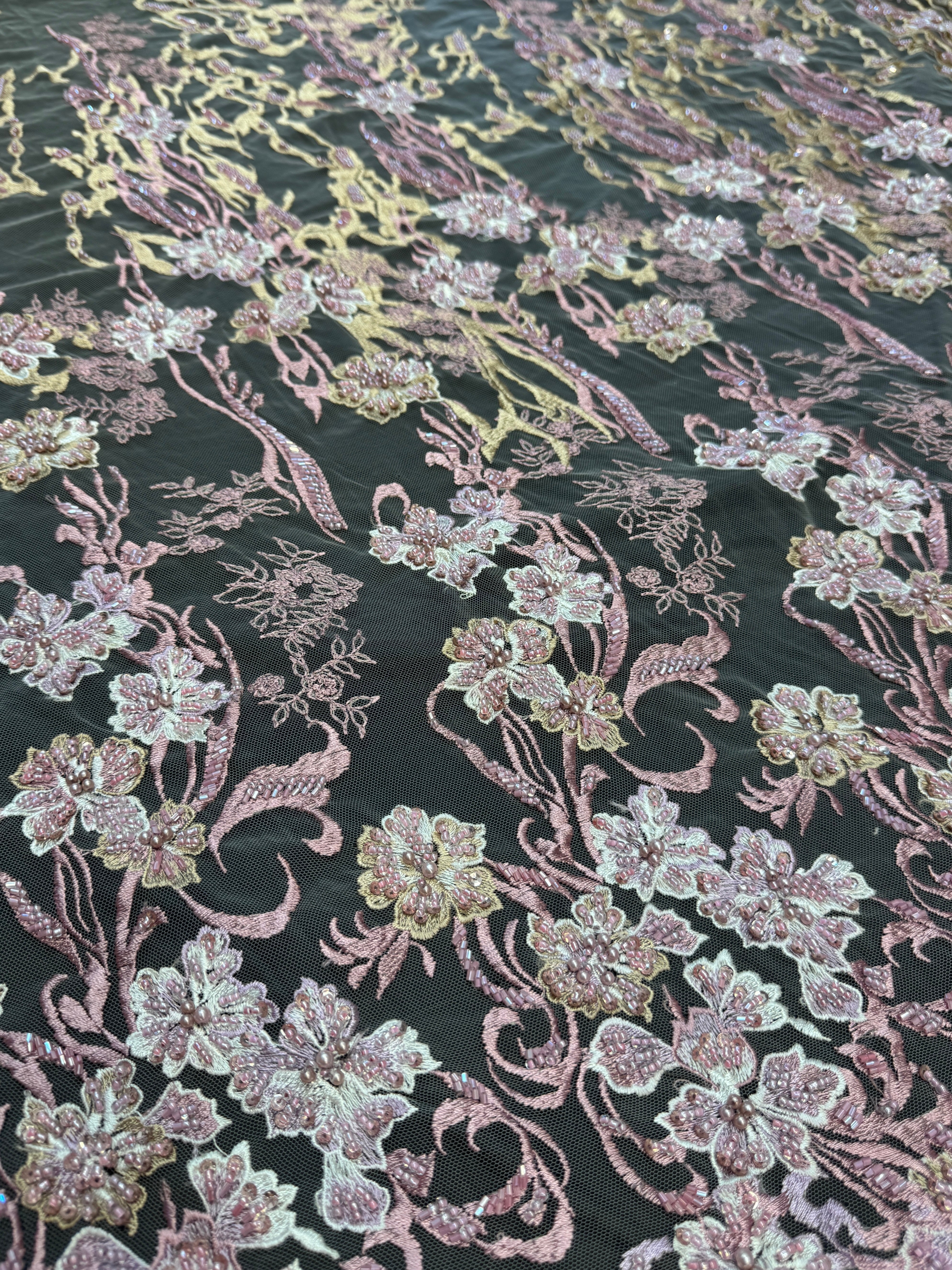 Blush-Mauve Pearl Beaded Floral Embroidery Lace, Floral Embroidery Lace, Beaded Floral Lace, Pearl Lace Fabric, Embroidered Lace Fabric, Floral Lace Fabric, Beaded Lace Fabric, Embellished Lace Fabric