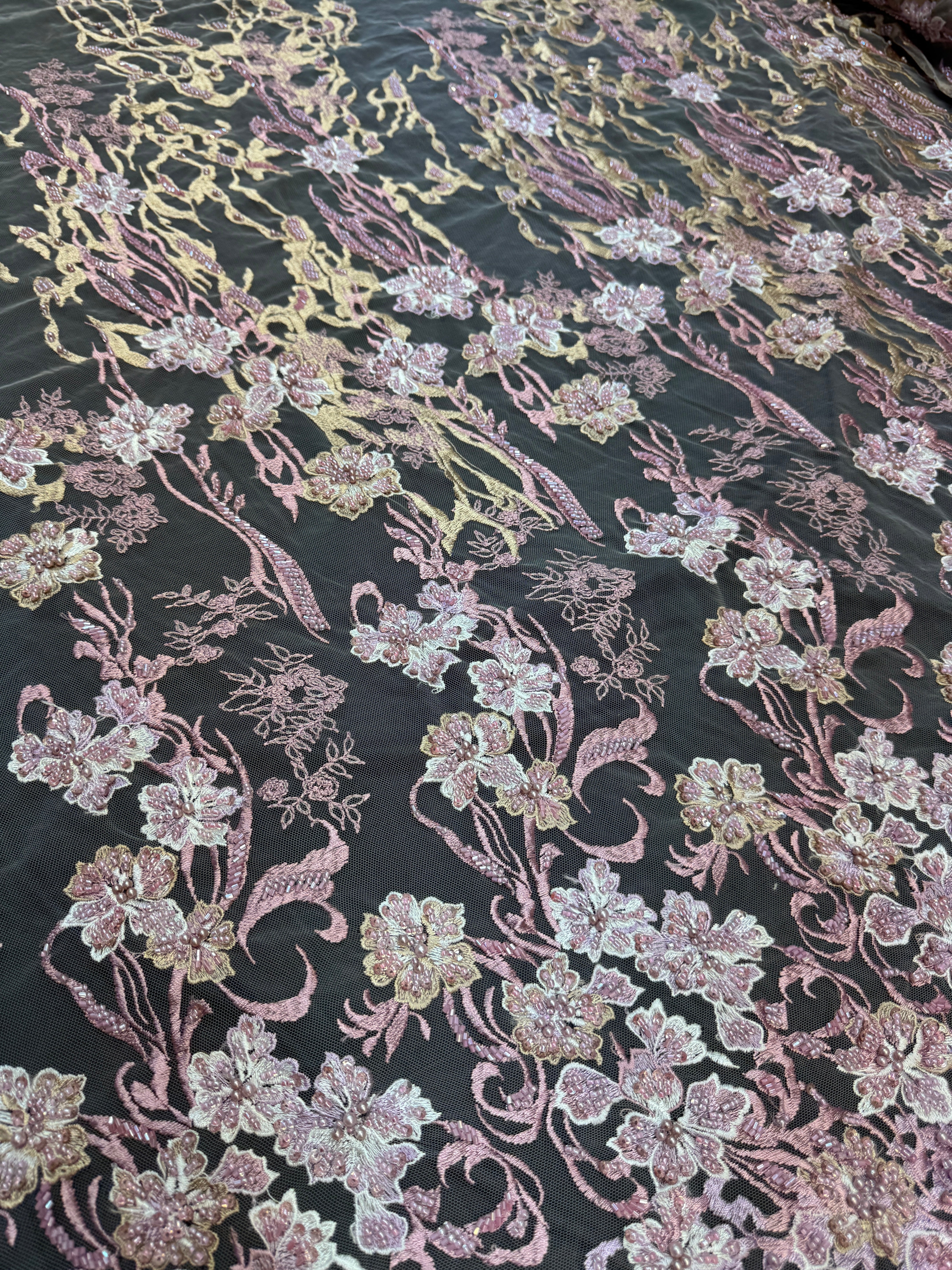 Blush-Mauve Pearl Beaded Floral Embroidery Lace, Kiki Sewing Store, Luxury Fabric, Cheap Fabric Store, Kiki Textiles, Textile by the Yard, Los Angeles Fabrics