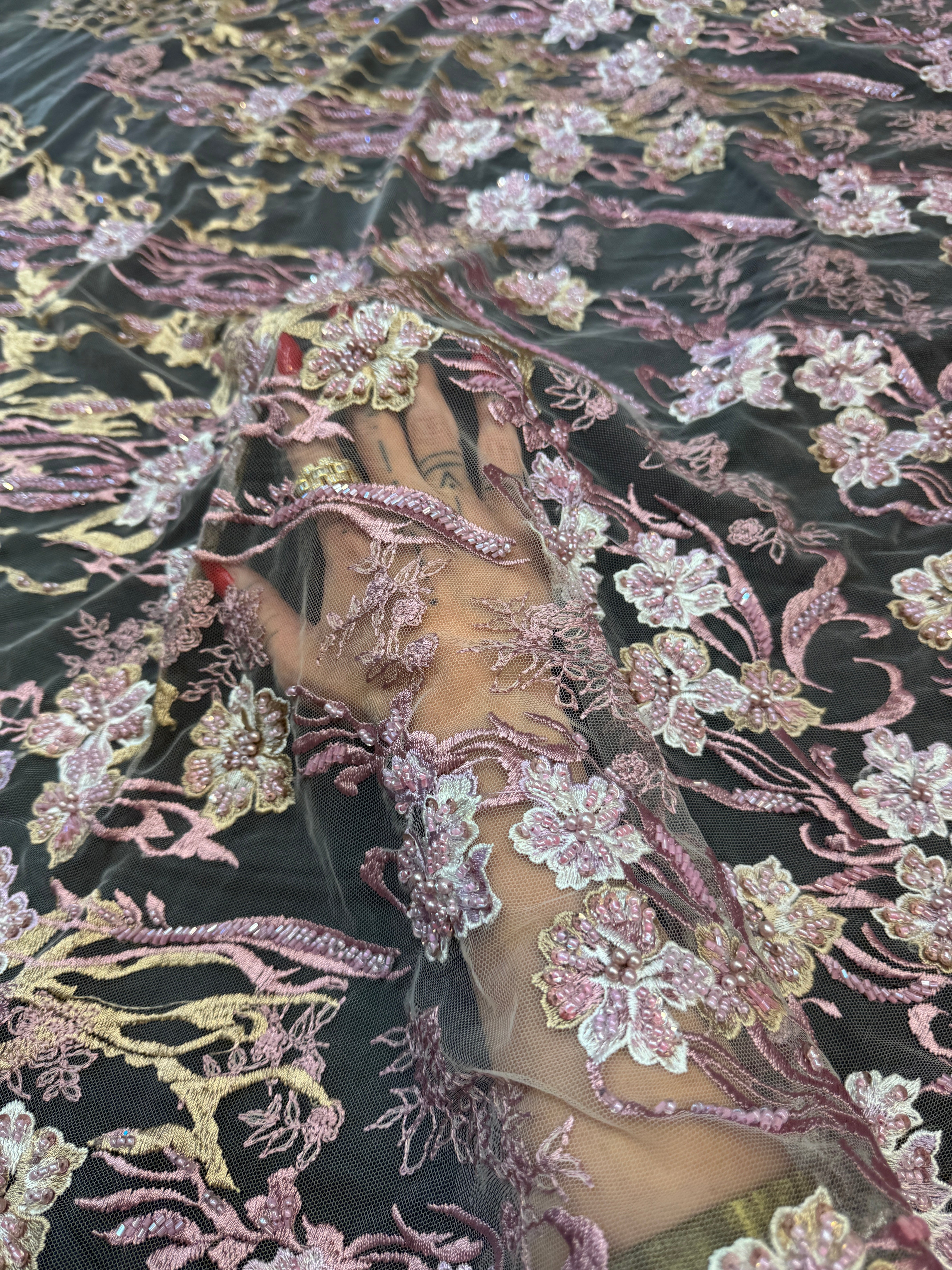 Blush-Mauve Pearl Beaded Floral Embroidery Lace, Floral Embroidery Lace, Beaded Floral Lace, Pearl Lace Fabric, Embroidered Lace Fabric, Floral Lace Fabric, Beaded Lace Fabric, Embellished Lace Fabric
