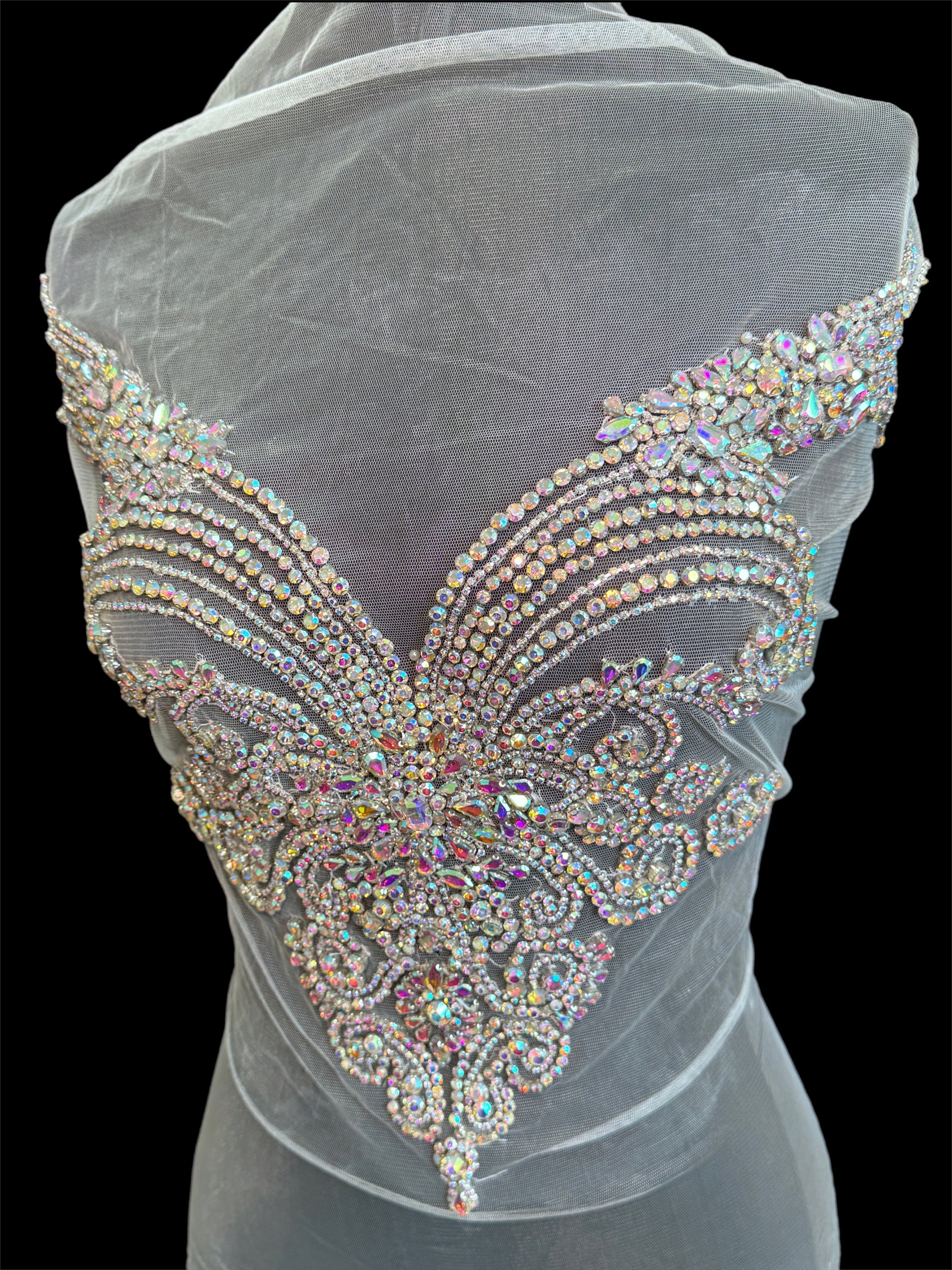 amy silver iridescent Bodice Applique, dark silver rhinestone, silver rhinestone, light silver rhinestone 
