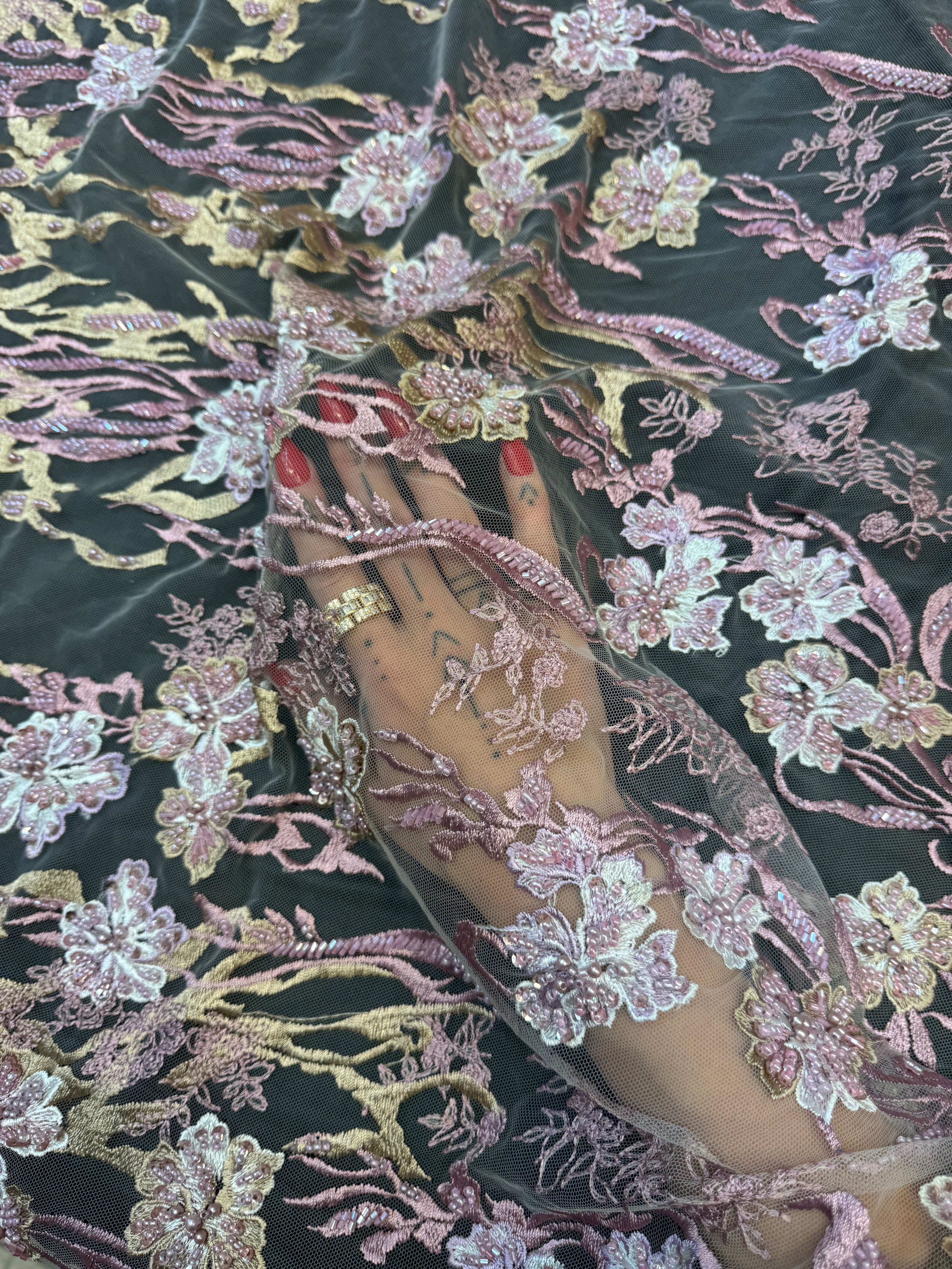 Blush-Mauve Pearl Beaded Floral Embroidery Lace, Floral Embroidery Lace, Beaded Floral Lace, Pearl Lace Fabric, Embroidered Lace Fabric, Floral Lace Fabric, Beaded Lace Fabric, Embellished Lace Fabric