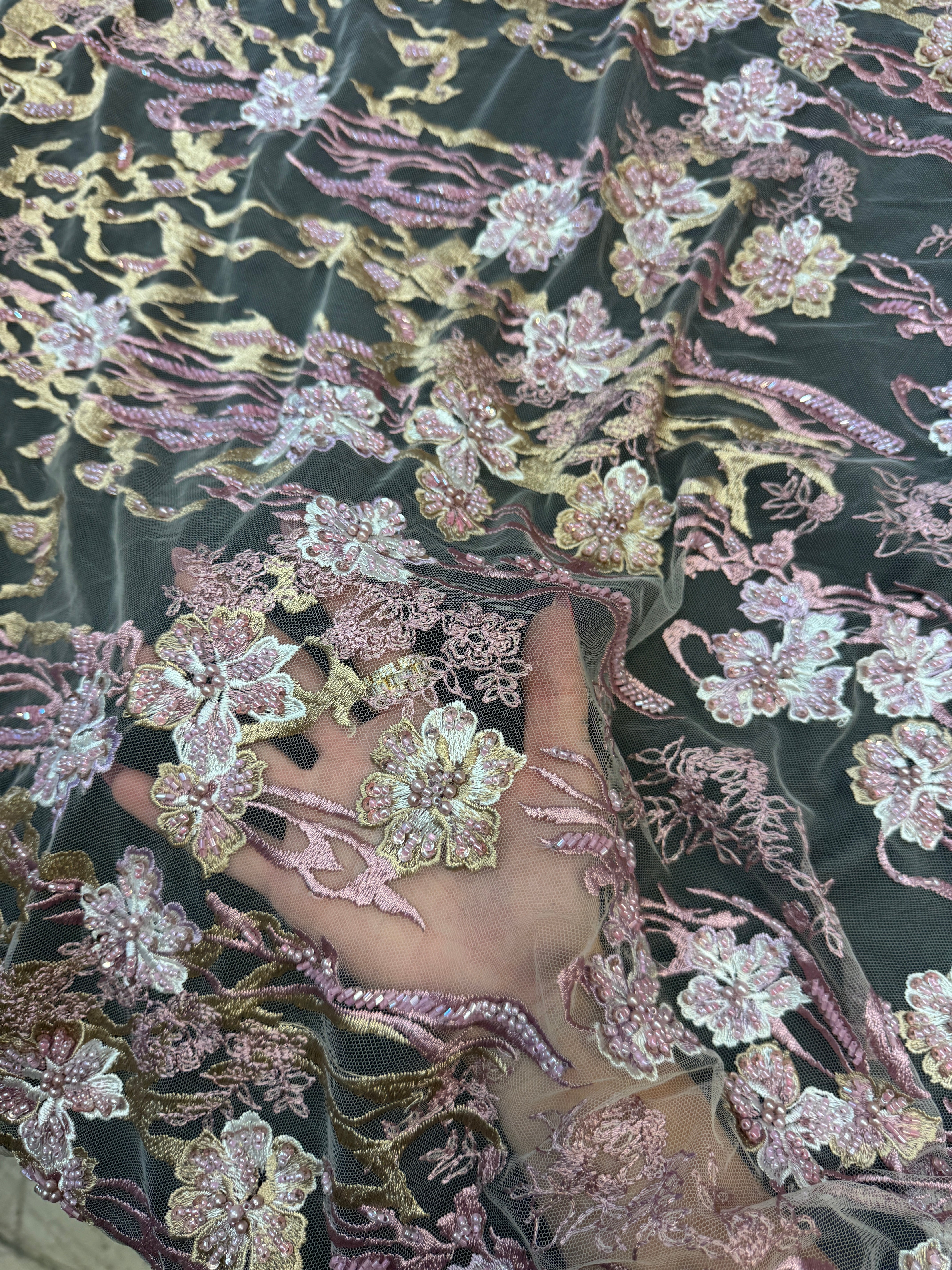 Blush-Mauve Pearl Beaded Floral Embroidery Lace, Floral Embroidery Lace, Beaded Floral Lace, Pearl Lace Fabric, Embroidered Lace Fabric, Floral Lace Fabric, Beaded Lace Fabric, Embellished Lace Fabric