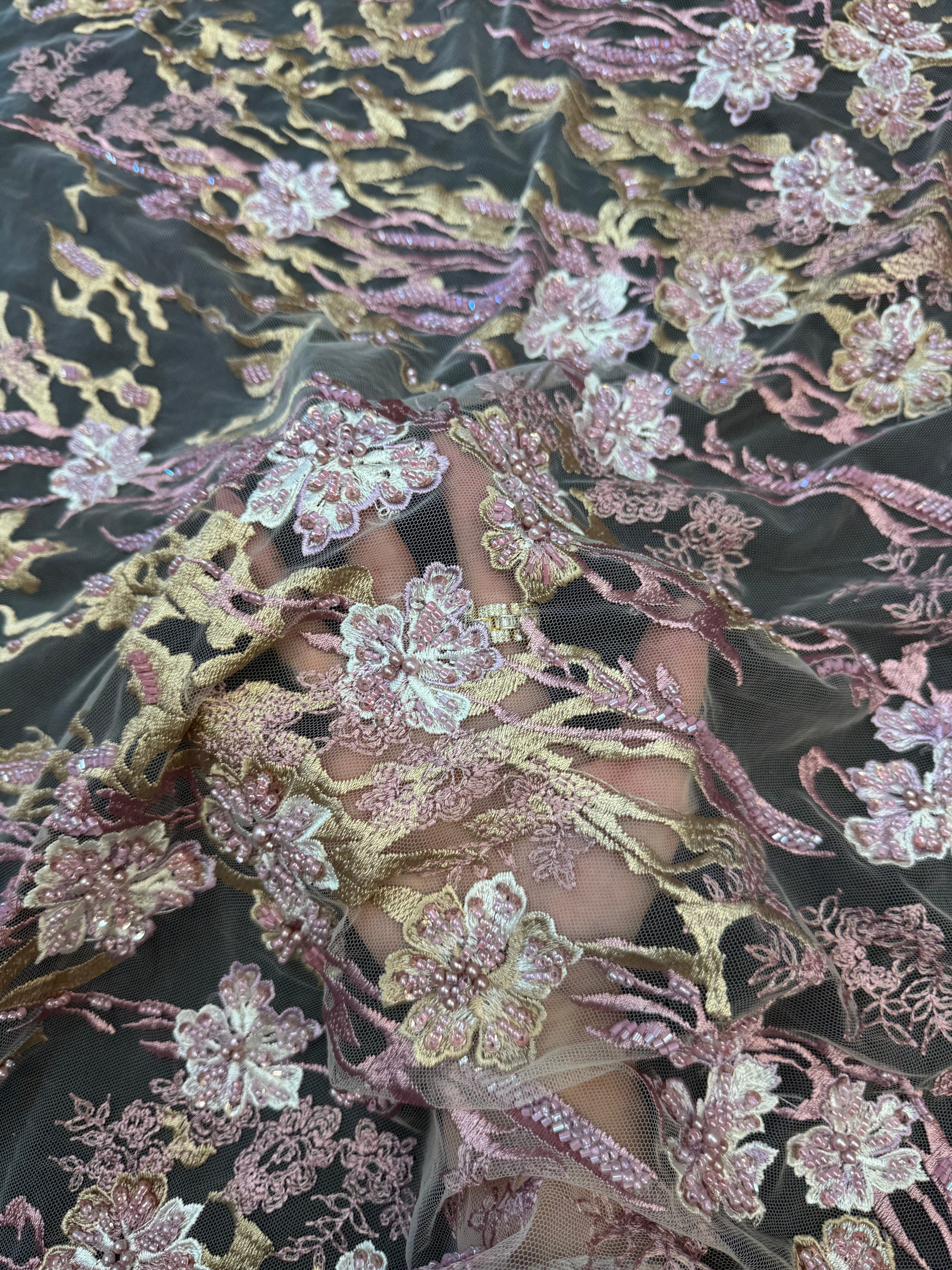 Blush-Mauve Pearl Beaded Floral Embroidery Lace, Floral Embroidery Lace, Beaded Floral Lace, Pearl Lace Fabric, Embroidered Lace Fabric, Floral Lace Fabric, Beaded Lace Fabric, Embellished Lace Fabric