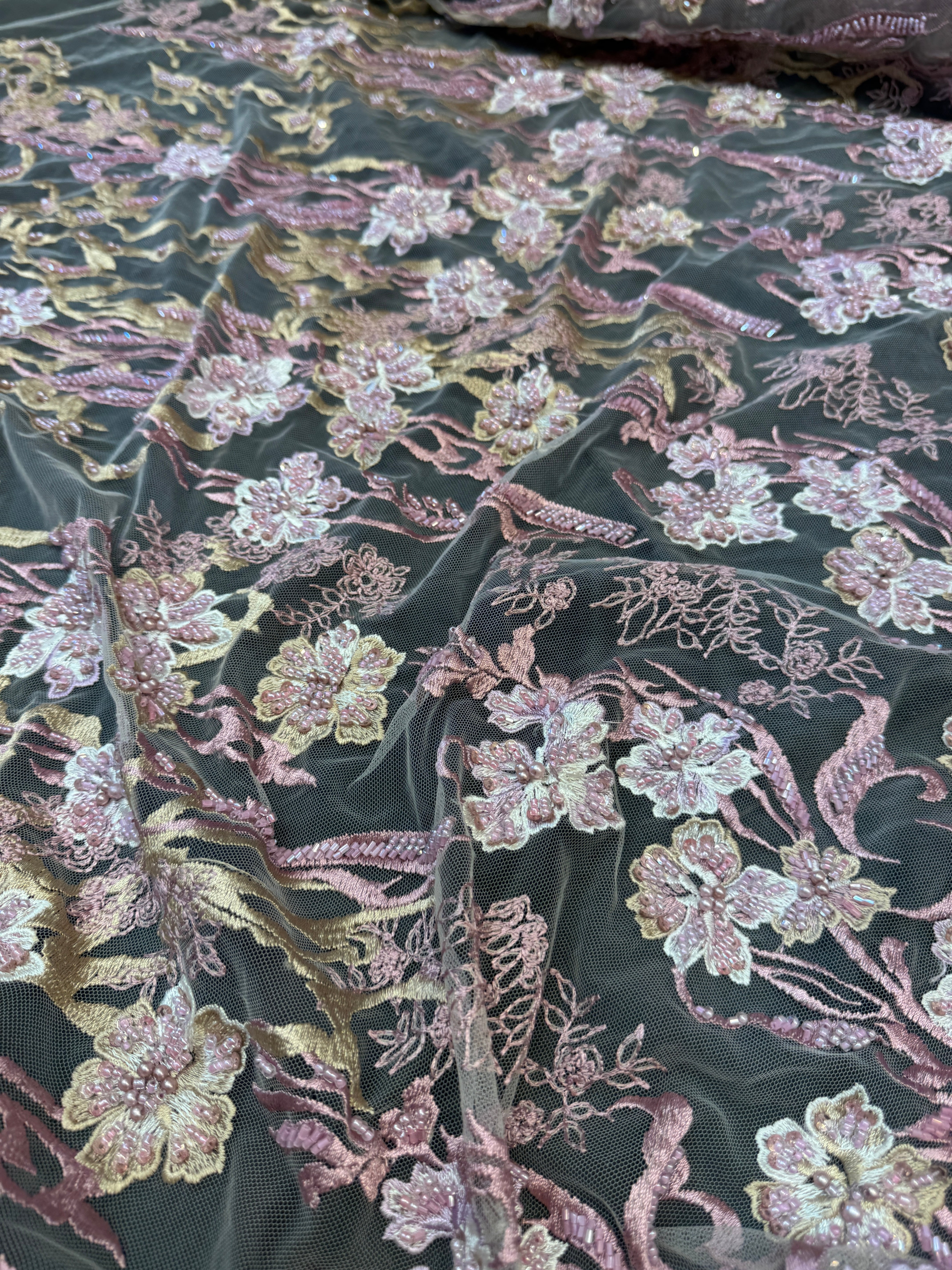 Blush-Mauve Pearl Beaded Floral Embroidery Lace, Floral Embroidery Lace, Beaded Floral Lace, Pearl Lace Fabric, Embroidered Lace Fabric, Floral Lace Fabric, Beaded Lace Fabric, Embellished Lace Fabric