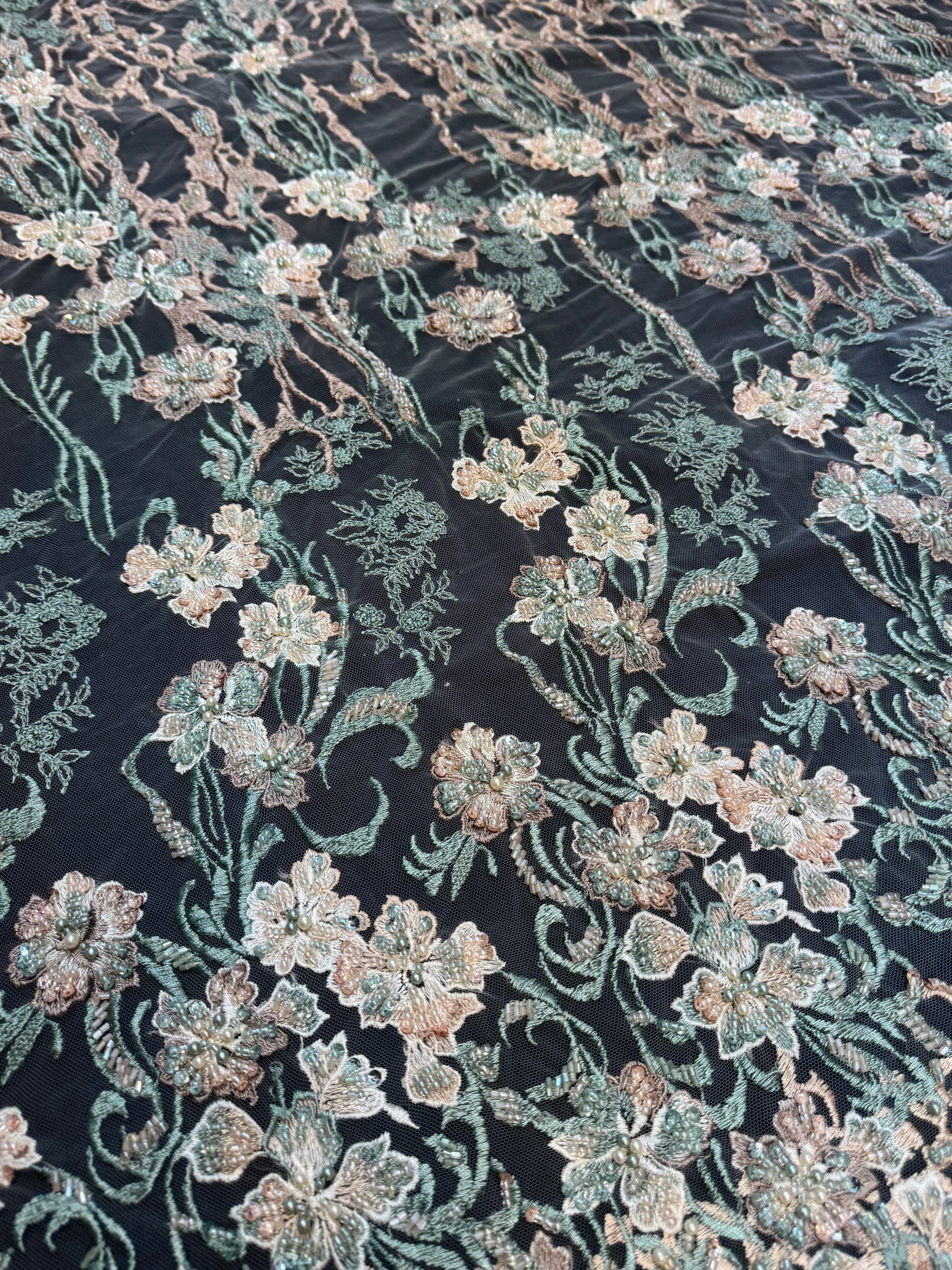 Peach-Mint Pearl Beaded Floral Embroidery Lace, Floral Embroidery Lace, Beaded Floral Lace, Pearl Lace Fabric, Embroidered Lace Fabric, Floral Lace Fabric, Beaded Lace Fabric, Embellished Lace Fabric