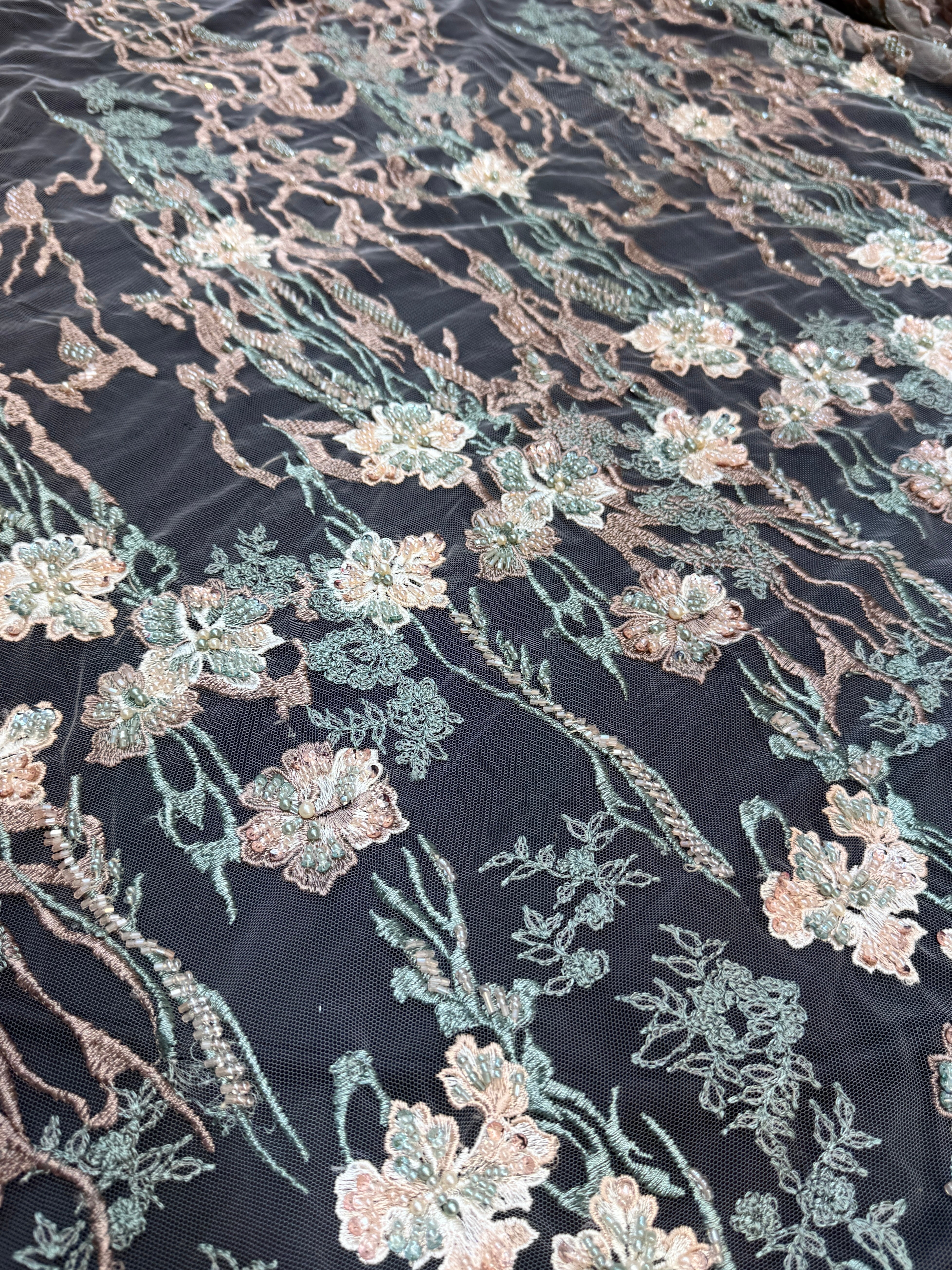 Peach-Mint Pearl Beaded Floral Embroidery Lace, Kiki Sewing Store, Luxury Fabric, Cheap Fabric Store, Kiki Textiles, Textile by the Yard, Los Angeles Fabrics