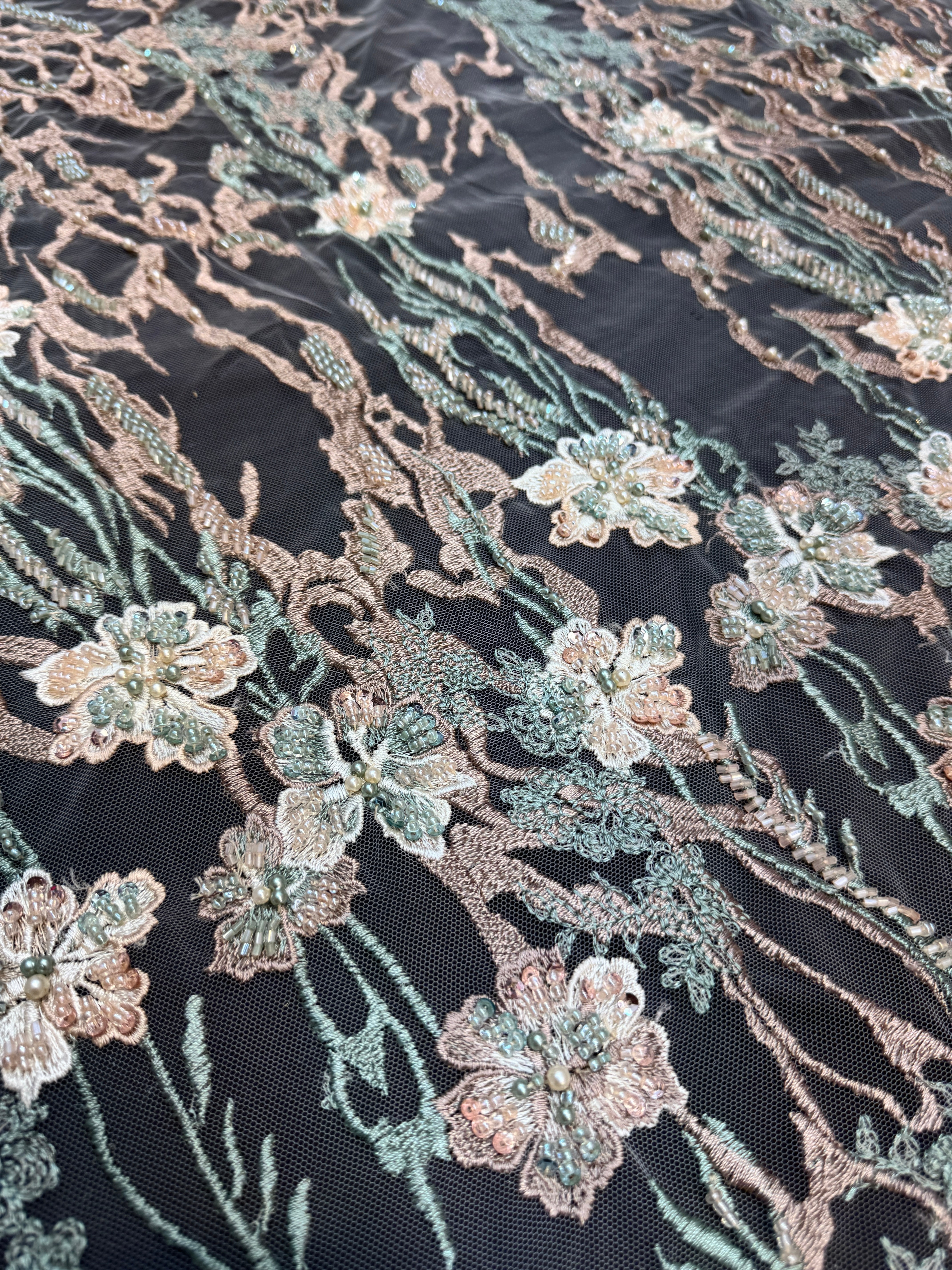Peach-Mint Pearl Beaded Floral Embroidery Lace, Floral Embroidery Lace, Beaded Floral Lace, Pearl Lace Fabric, Embroidered Lace Fabric, Floral Lace Fabric, Beaded Lace Fabric, Embellished Lace Fabric