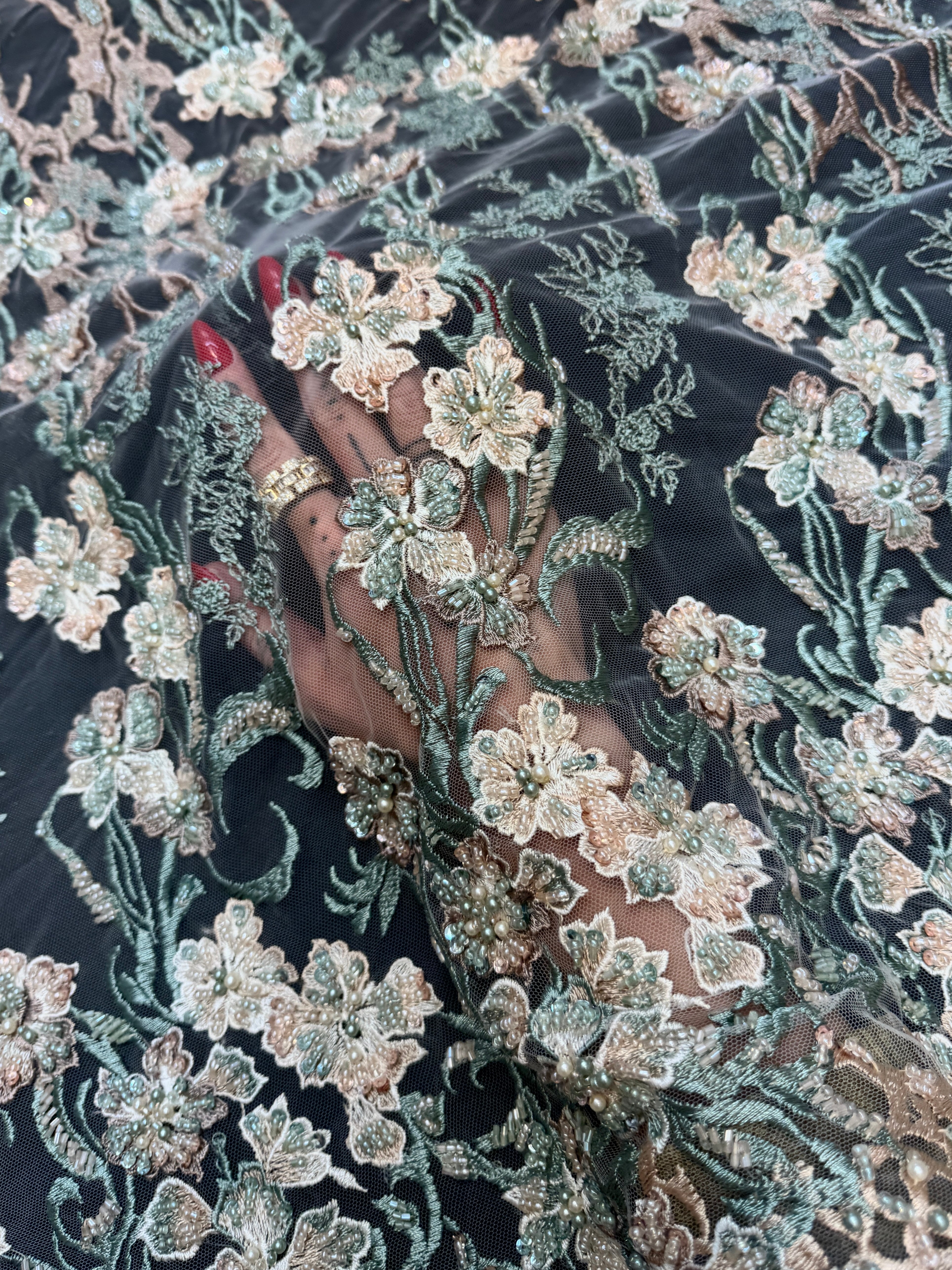 Peach-Mint Pearl Beaded Floral Embroidery Lace, Kiki Sewing Store, Luxury Fabric, Cheap Fabric Store, Kiki Textiles, Textile by the Yard, Los Angeles Fabrics