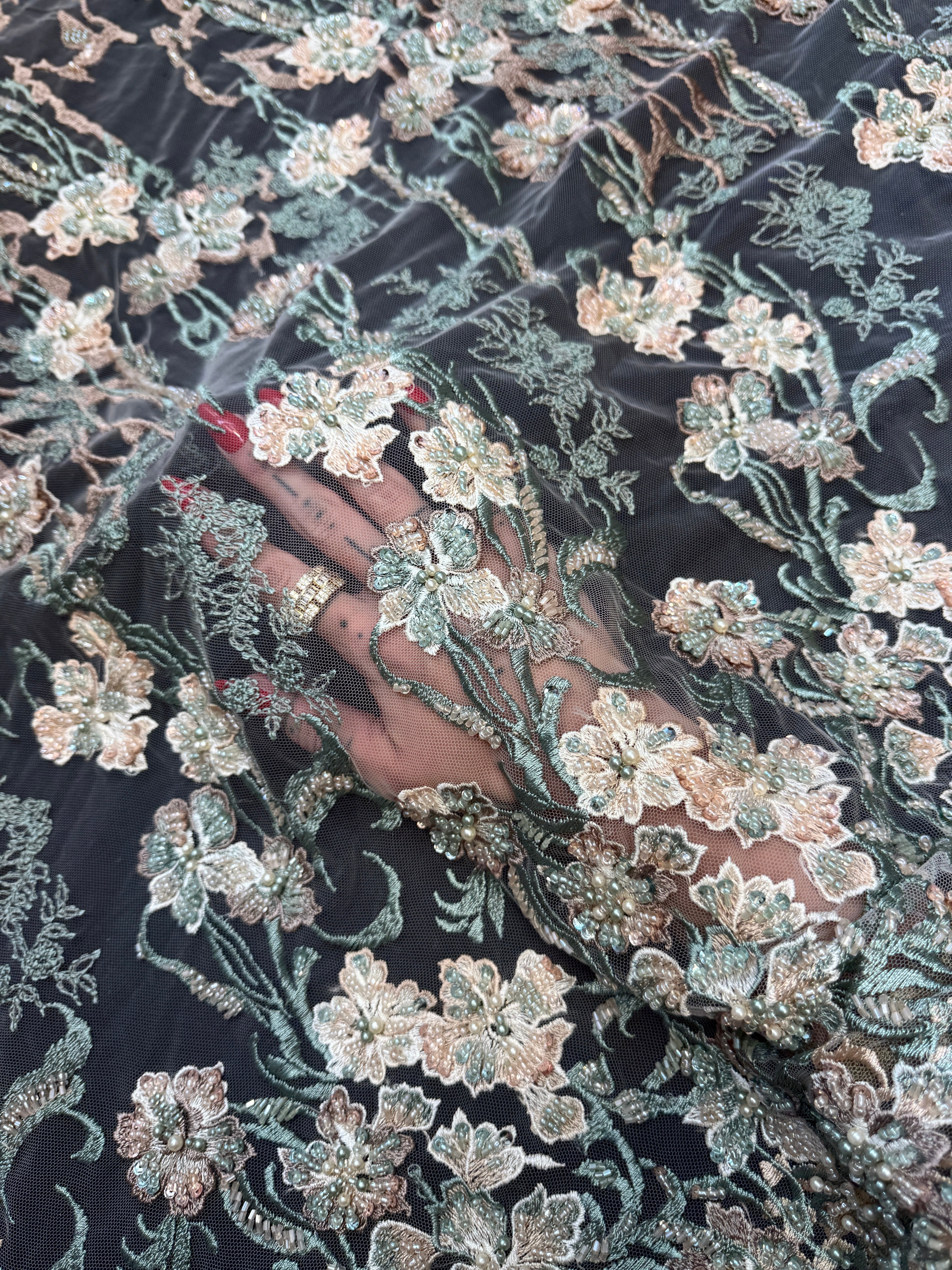 Peach-Mint Pearl Beaded Floral Embroidery Lace, Kiki Sewing Store, Luxury Fabric, Cheap Fabric Store, Kiki Textiles, Textile by the Yard, Los Angeles Fabrics