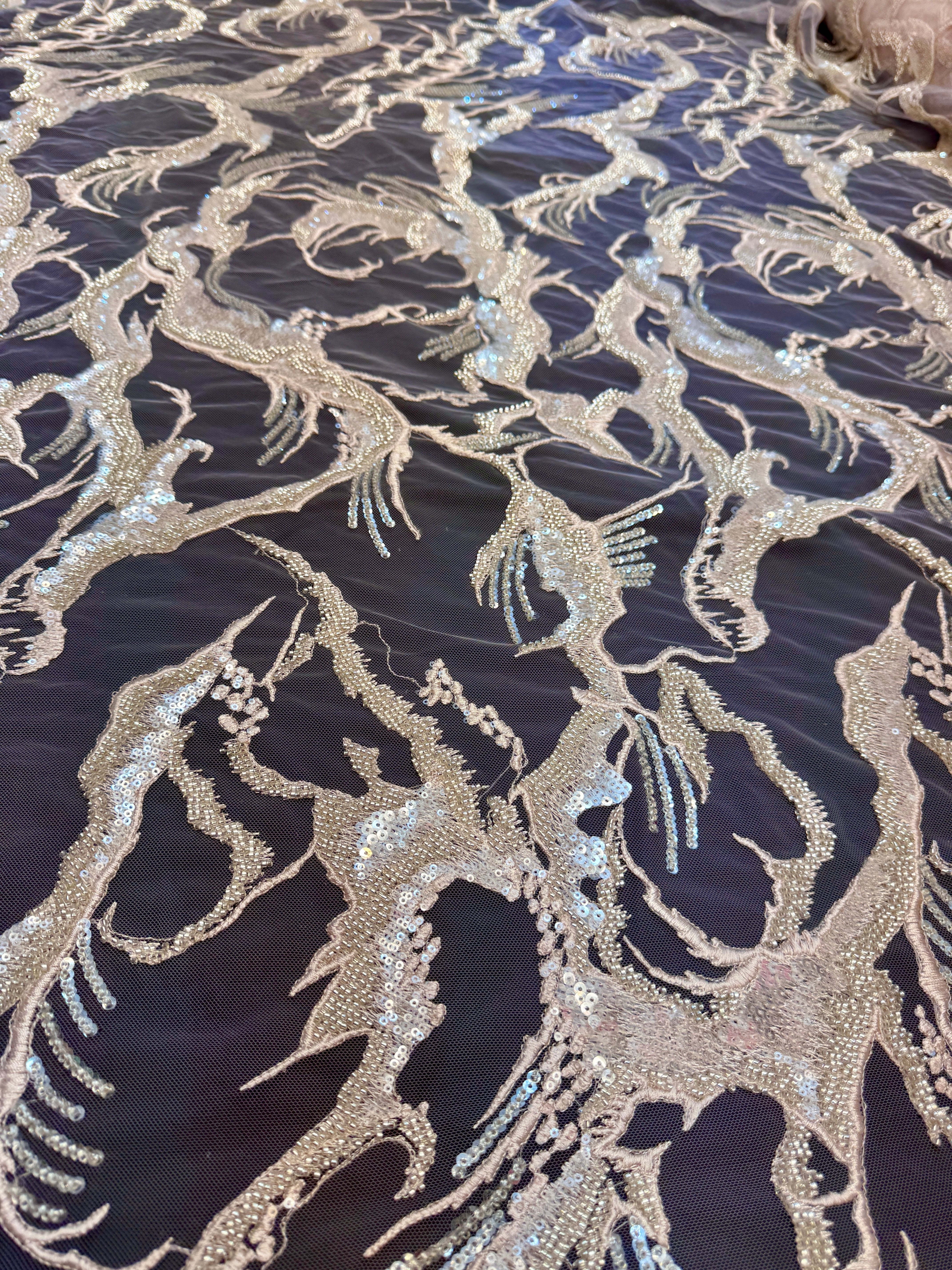 Blush-Peach Pearl Beaded Floral Embroidery Lace, Kiki Sewing Store, Luxury Fabric, Cheap Fabric Store, Kiki Textiles, Textile by the Yard, Los Angeles Fabrics