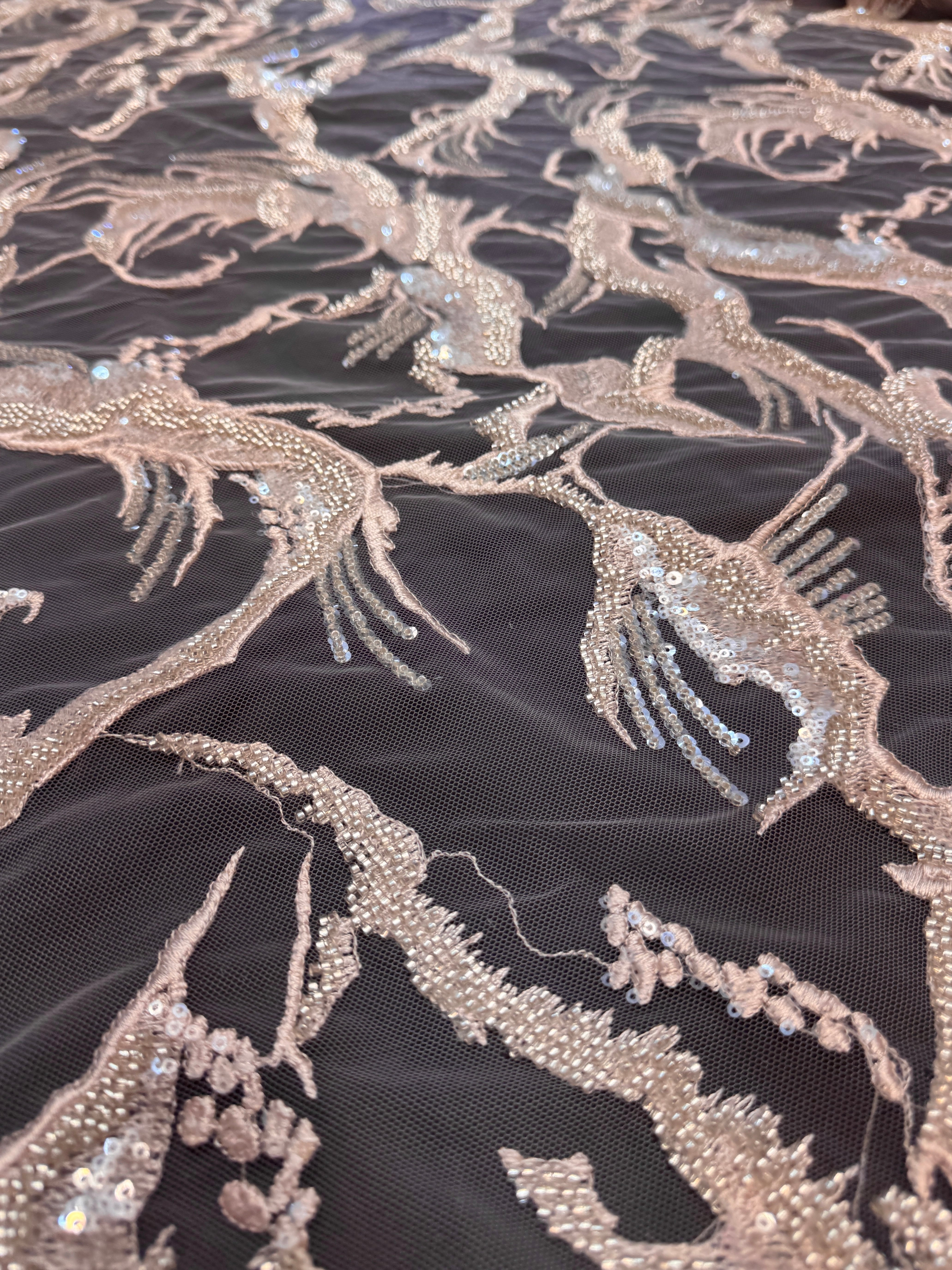 Blush Couture Vine Sequin Embroidered Mesh Lace, Kiki Sewing Store, Luxury Fabric, Cheap Fabric Store, Kiki Textiles, Textile by the Yard, Los Angeles Fabrics