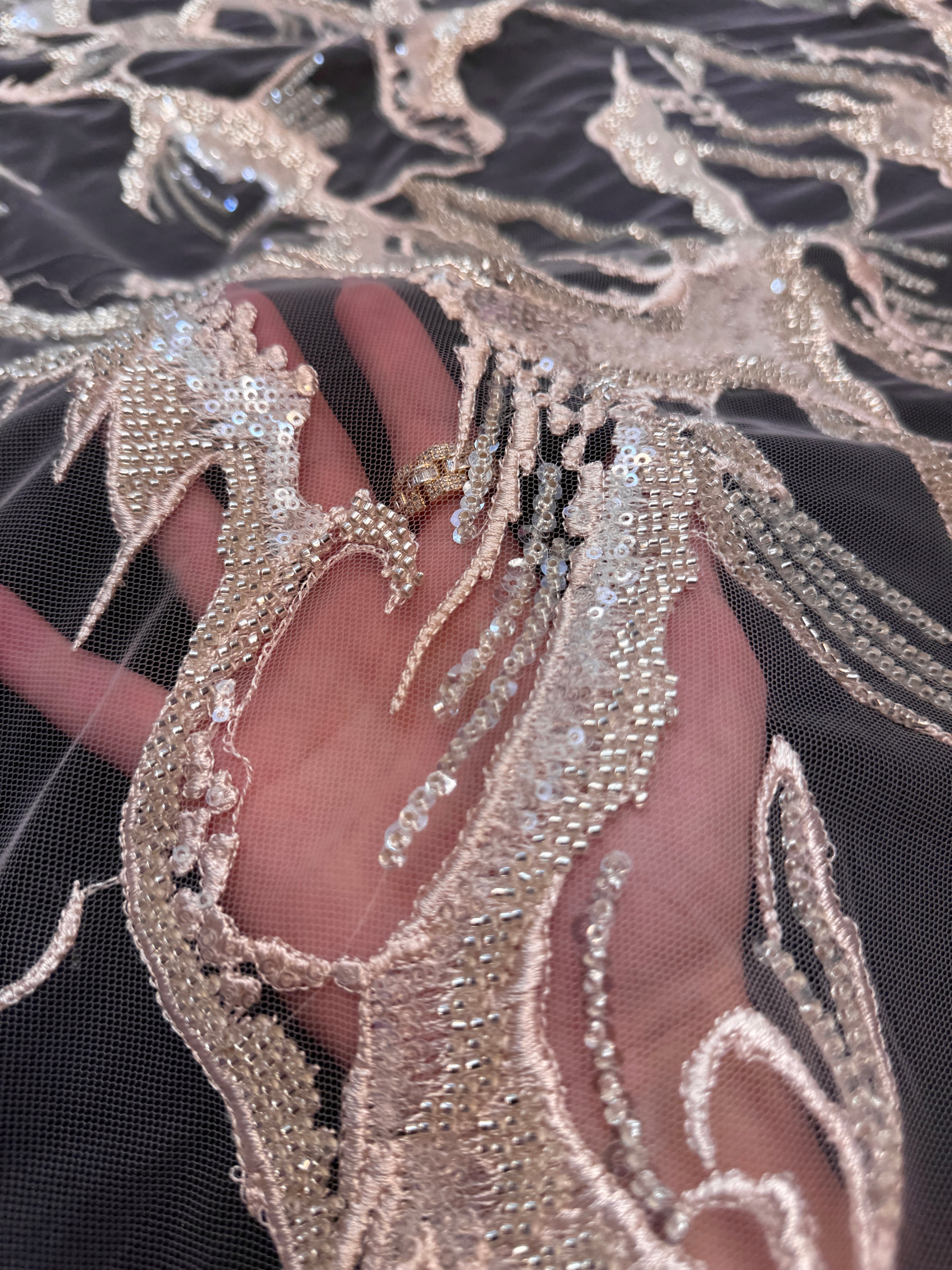 Blush Couture Vine Sequin Embroidered Mesh Lace, Kiki Sewing Store, Luxury Fabric, Cheap Fabric Store, Kiki Textiles, Textile by the Yard, Los Angeles Fabrics