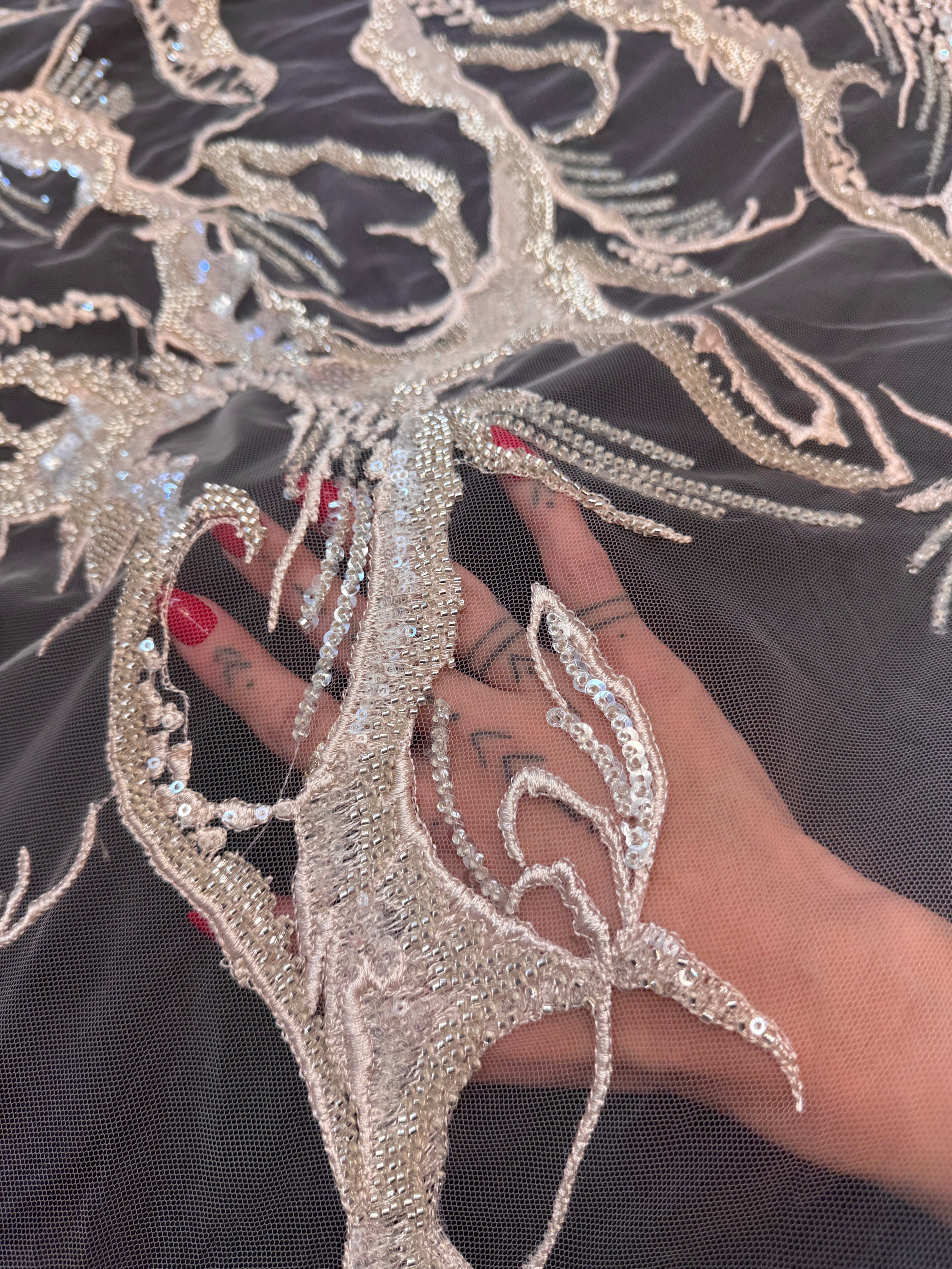 Blush Couture Vine Sequin Embroidered Mesh Lace, Kiki Sewing Store, Luxury Fabric, Cheap Fabric Store, Kiki Textiles, Textile by the Yard, Los Angeles Fabrics