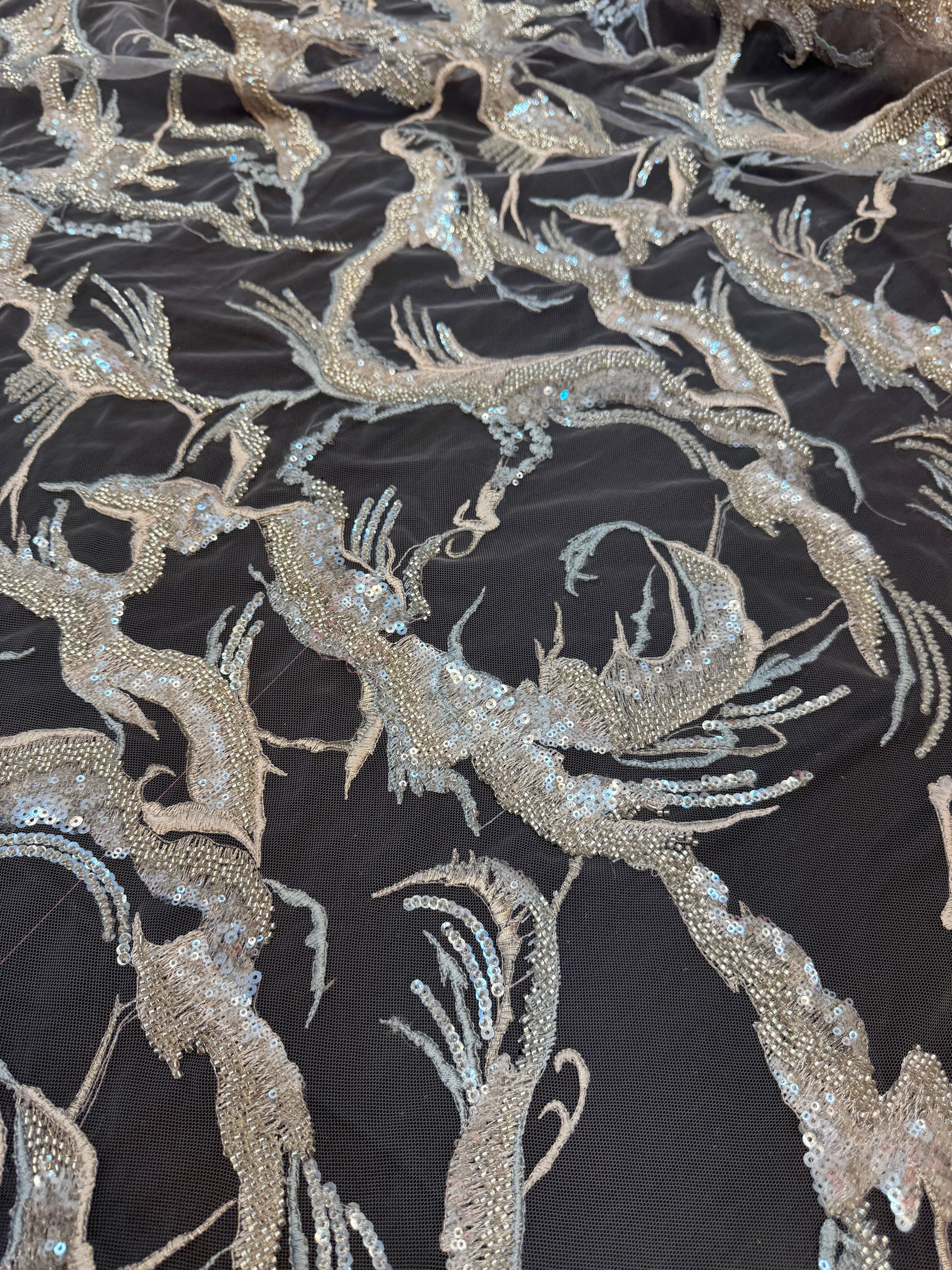 Mint-Champagne Couture Vine Sequin Embroidered Mesh Lace, Kiki Sewing Store, Luxury Fabric, Cheap Fabric Store, Kiki Textiles, Textile by the Yard, Los Angeles Fabrics