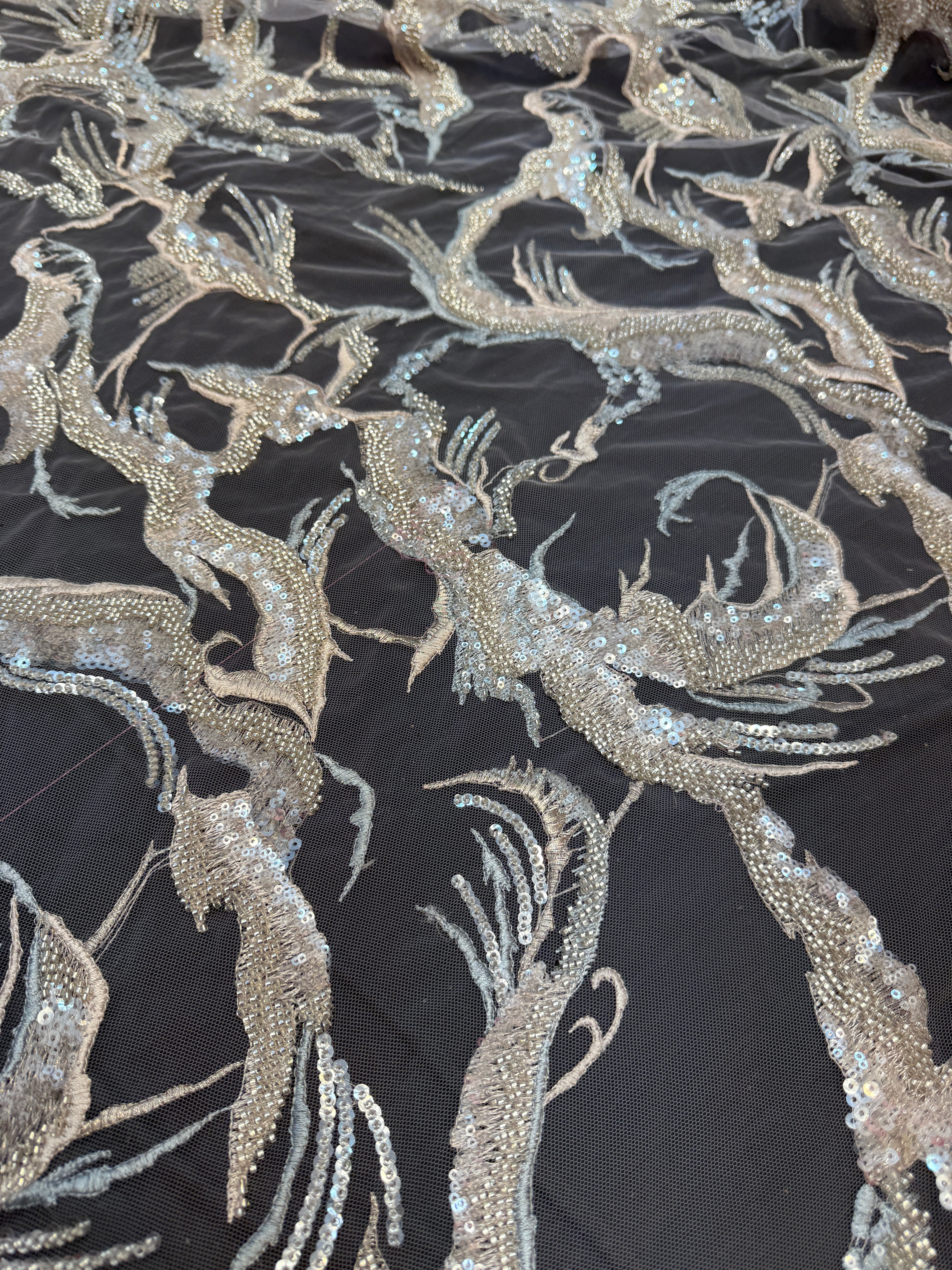 Mint-Champagne Couture Vine Sequin Embroidered Mesh Lace, Sequin Mesh Lace, Embroidered Mesh Lace, Floral Sequin Lace, Vine Embroidery Lace, Mesh Lace Fabric, Sequin Lace Fabric