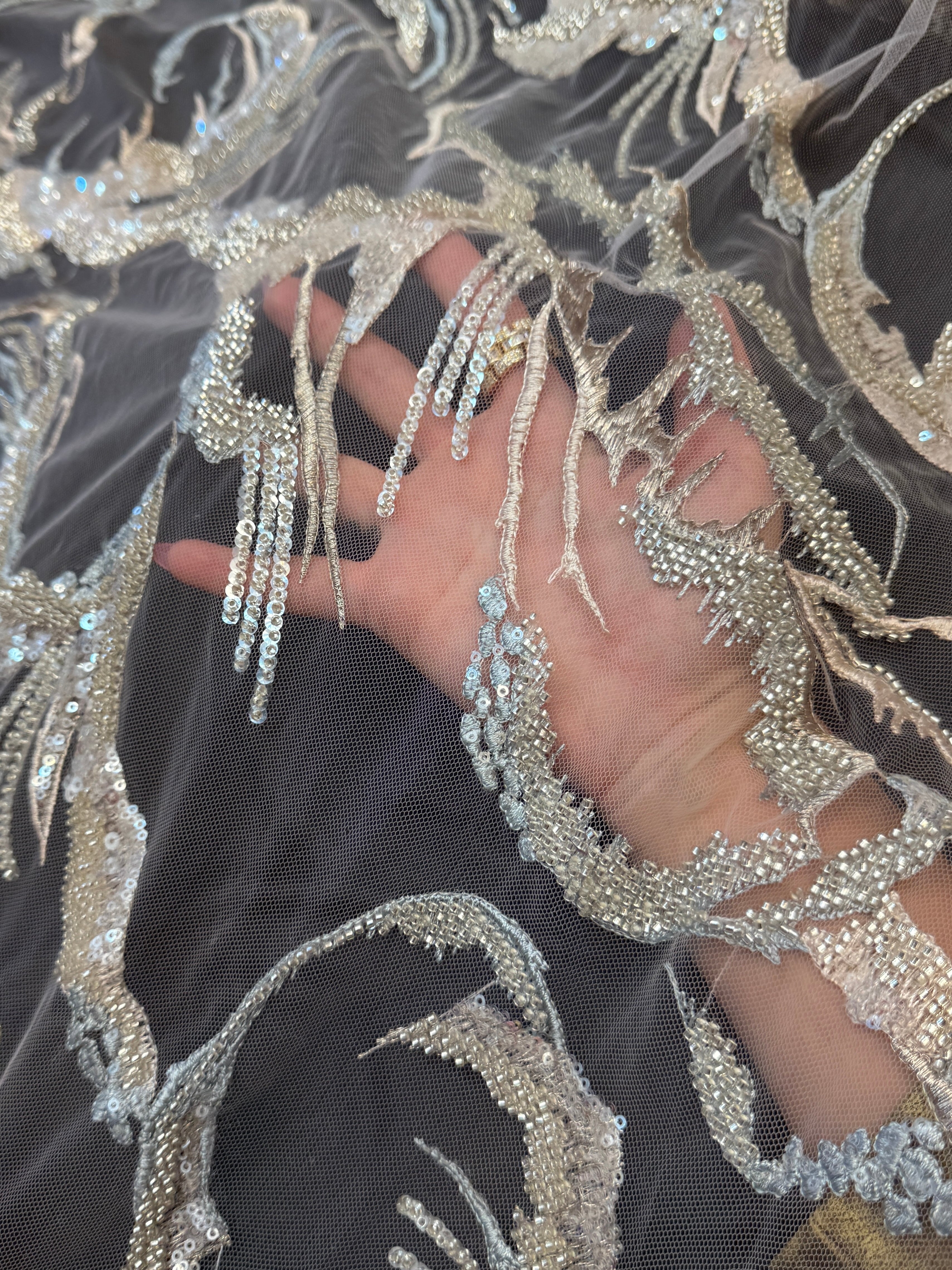 Mint-Champagne Couture Vine Sequin Embroidered Mesh Lace, Kiki Sewing Store, Luxury Fabric, Cheap Fabric Store, Kiki Textiles, Textile by the Yard, Los Angeles Fabrics