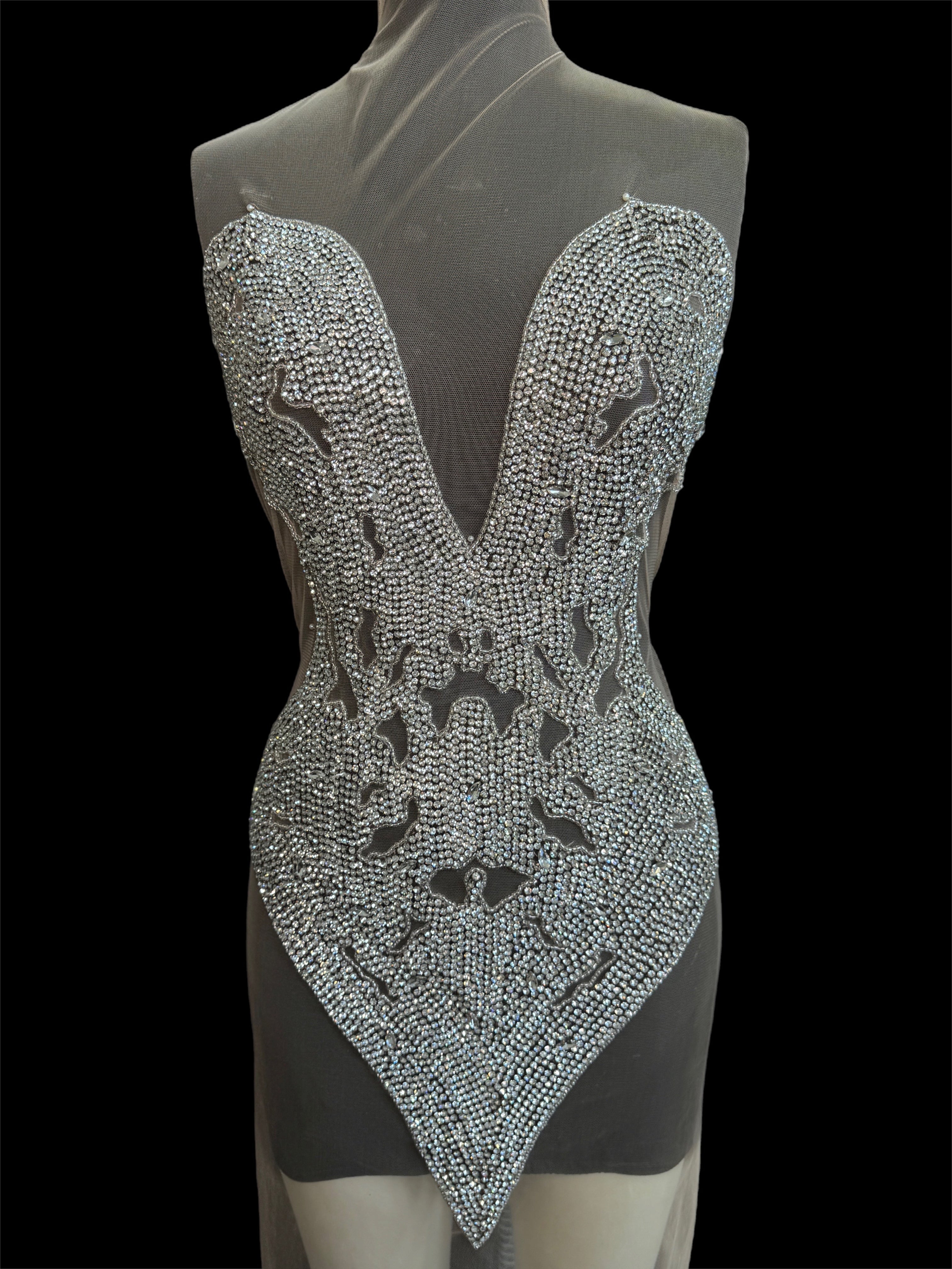 madeleine silver iridescent Bodice Applique, dark silver rhinestone, silver rhinestone, light silver rhinestone  