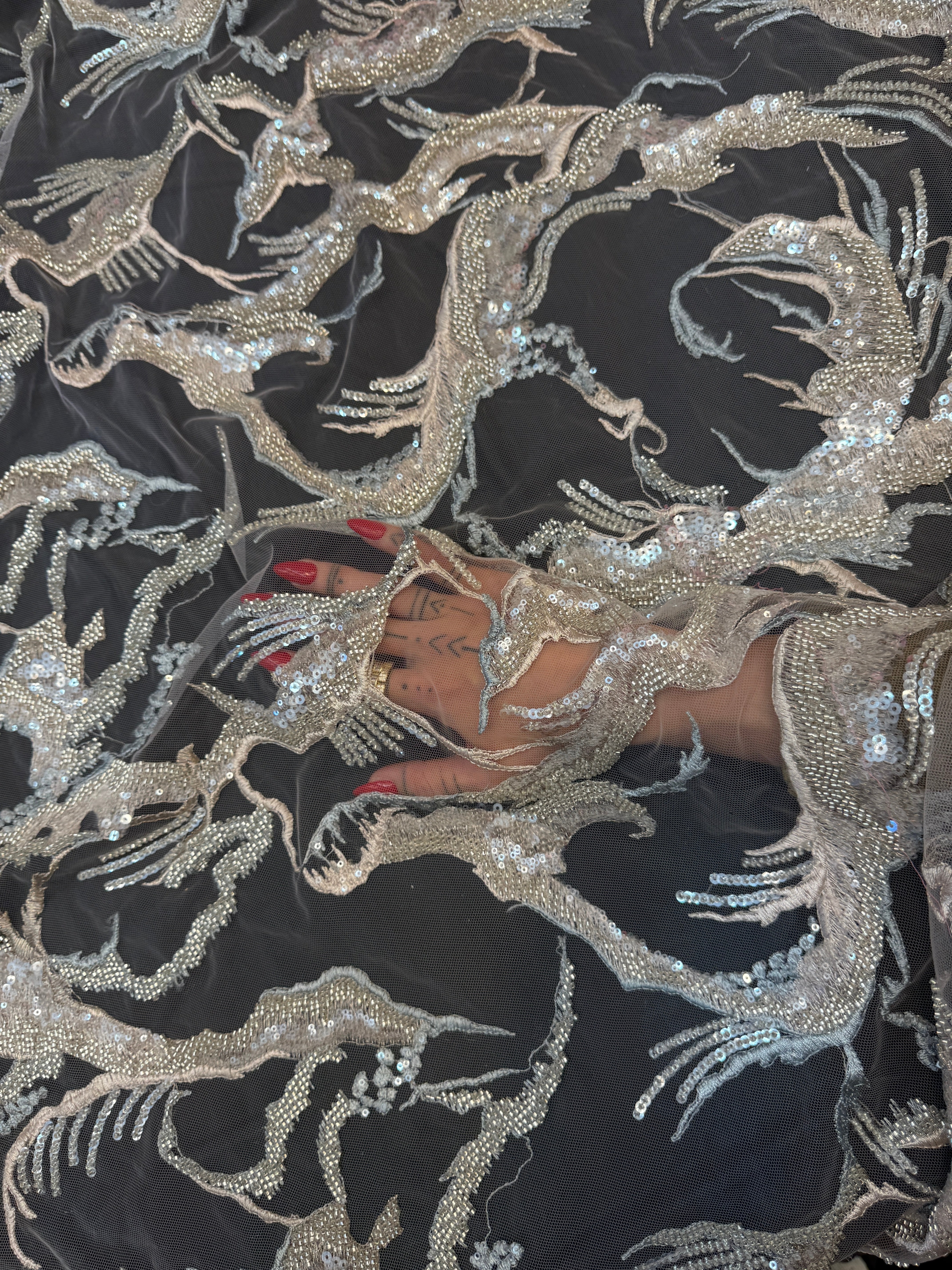 Mint-Champagne Couture Vine Sequin Embroidered Mesh Lace, Kiki Sewing Store, Luxury Fabric, Cheap Fabric Store, Kiki Textiles, Textile by the Yard, Los Angeles Fabrics