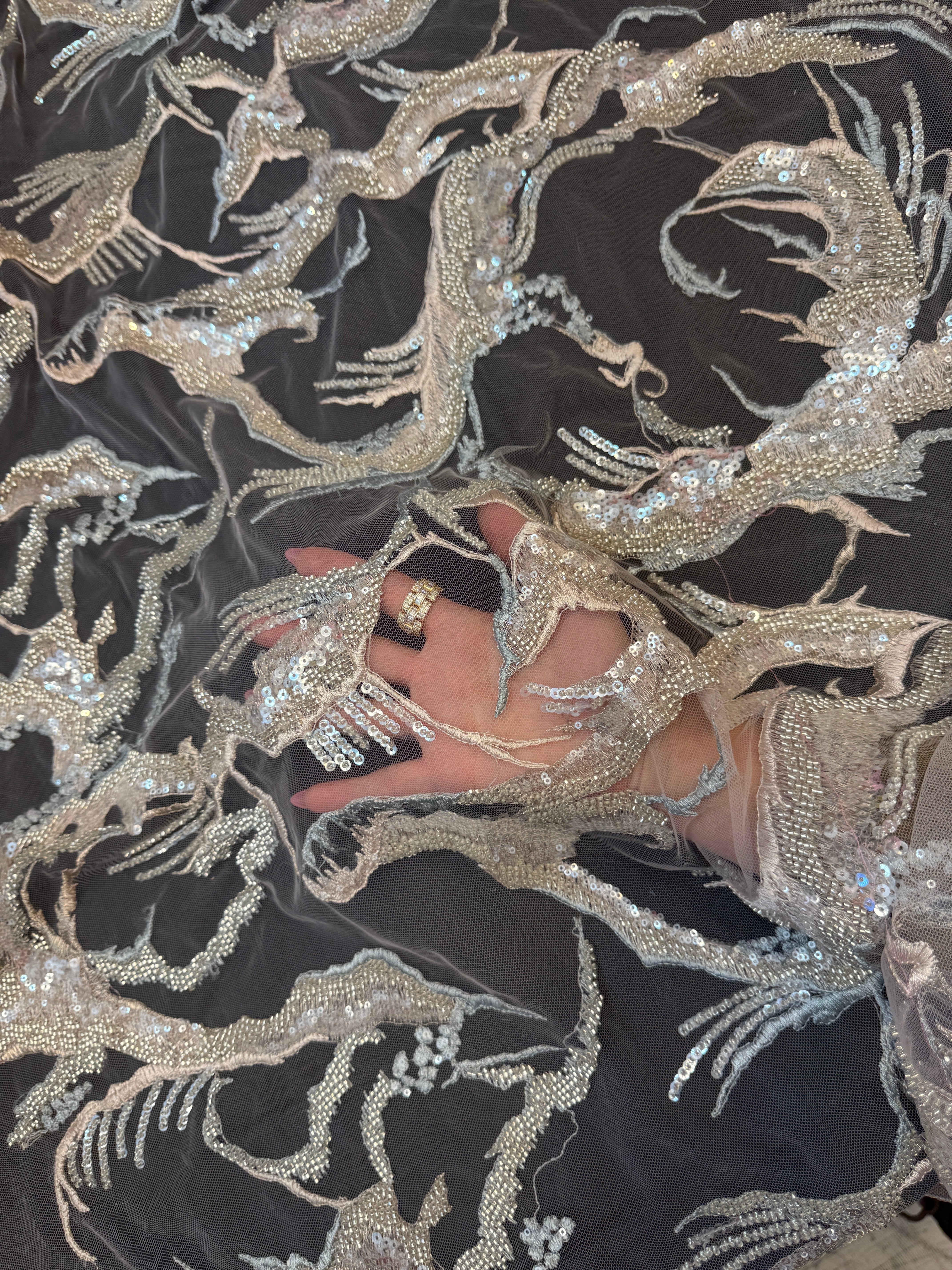 Mint-Champagne Couture Vine Sequin Embroidered Mesh Lace, Kiki Sewing Store, Luxury Fabric, Cheap Fabric Store, Kiki Textiles, Textile by the Yard, Los Angeles Fabrics