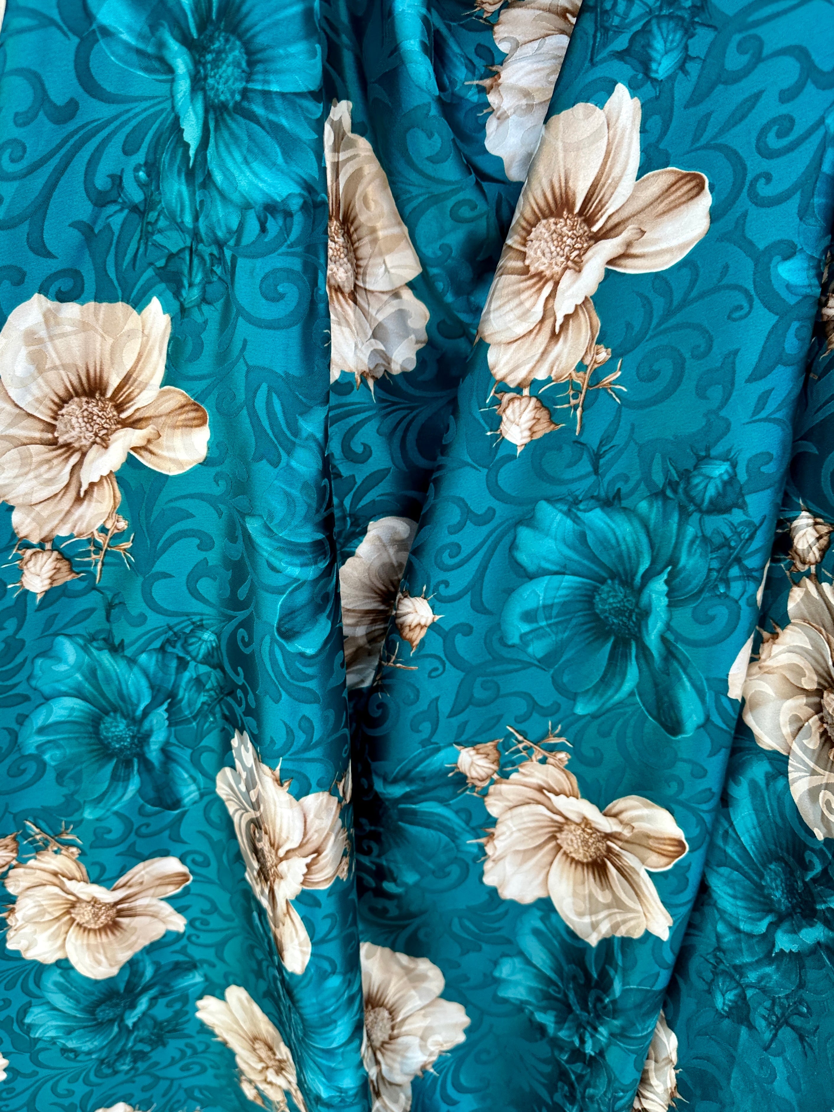 turquoise Floral Print Satin, blue Floral Print Satin, navy Floral Print Satin, dark blue Floral Print Satin, Floral Print Satin for bridal wear, Floral Print Satin for party wear, Floral Print Satin in low price, premium Floral Print Satin