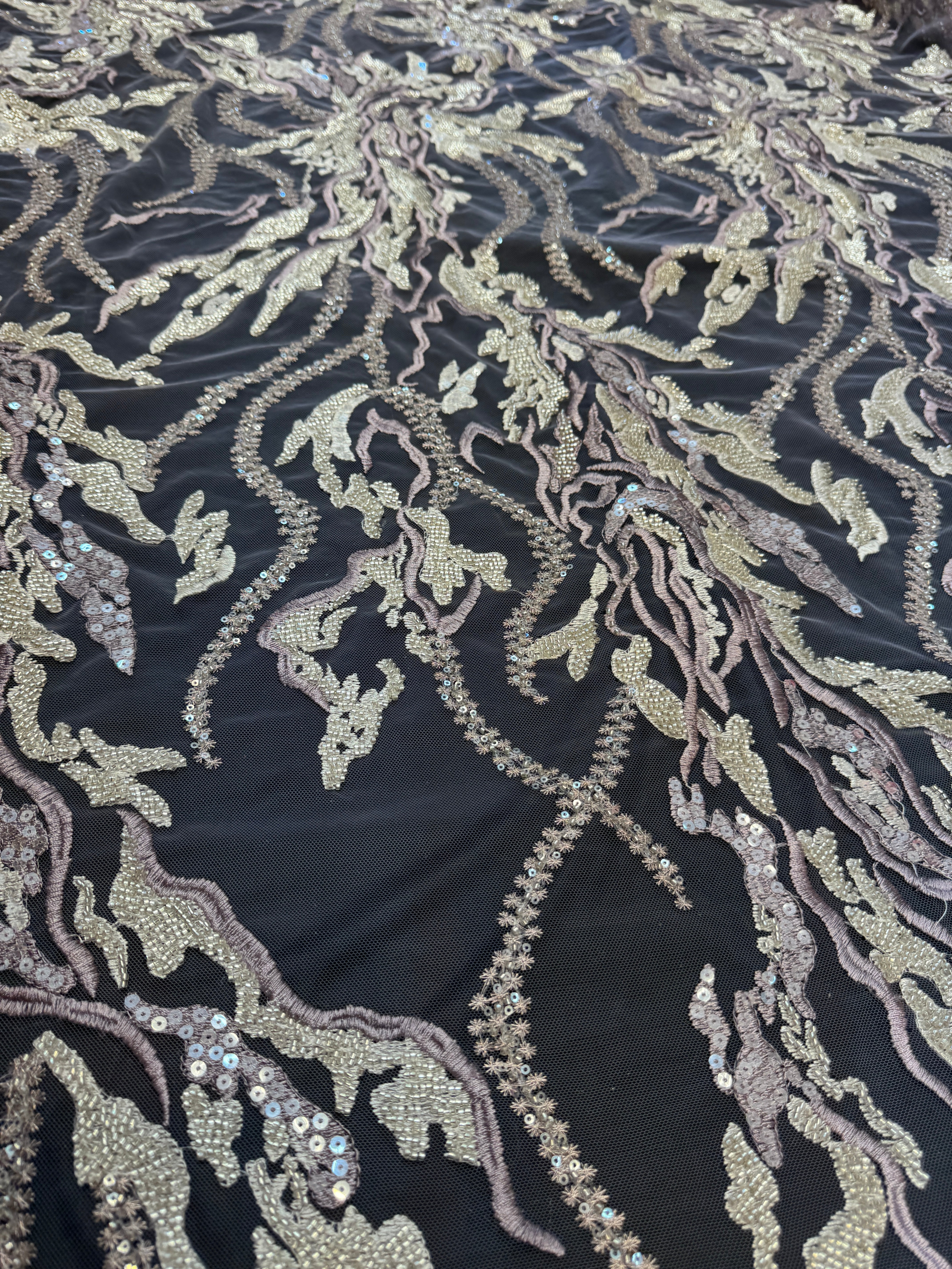 Champagne-Lilac Abstract Leaf Beaded Sequin Lace, Leaf Sequin Lace, Beaded Sequin Lace, Leaf Lace Fabric, Abstract Lace Fabric, Embellished Lace Fabric, Sequin Lace Fabric, Beaded Lace Fabric