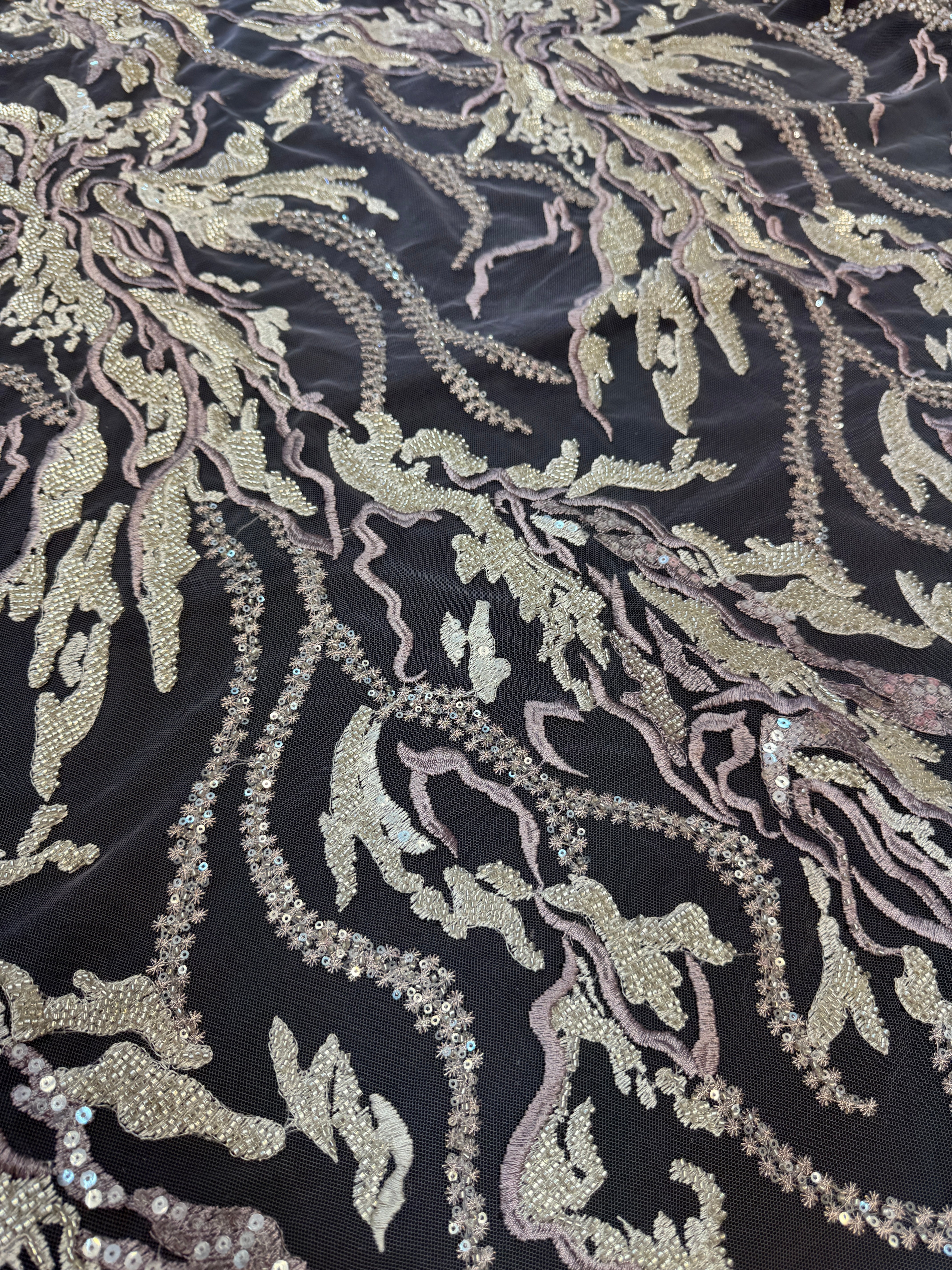 Champagne-Lilac Abstract Leaf Beaded Sequin Lace, Leaf Sequin Lace, Beaded Sequin Lace, Leaf Lace Fabric, Abstract Lace Fabric, Embellished Lace Fabric, Sequin Lace Fabric, Beaded Lace Fabric