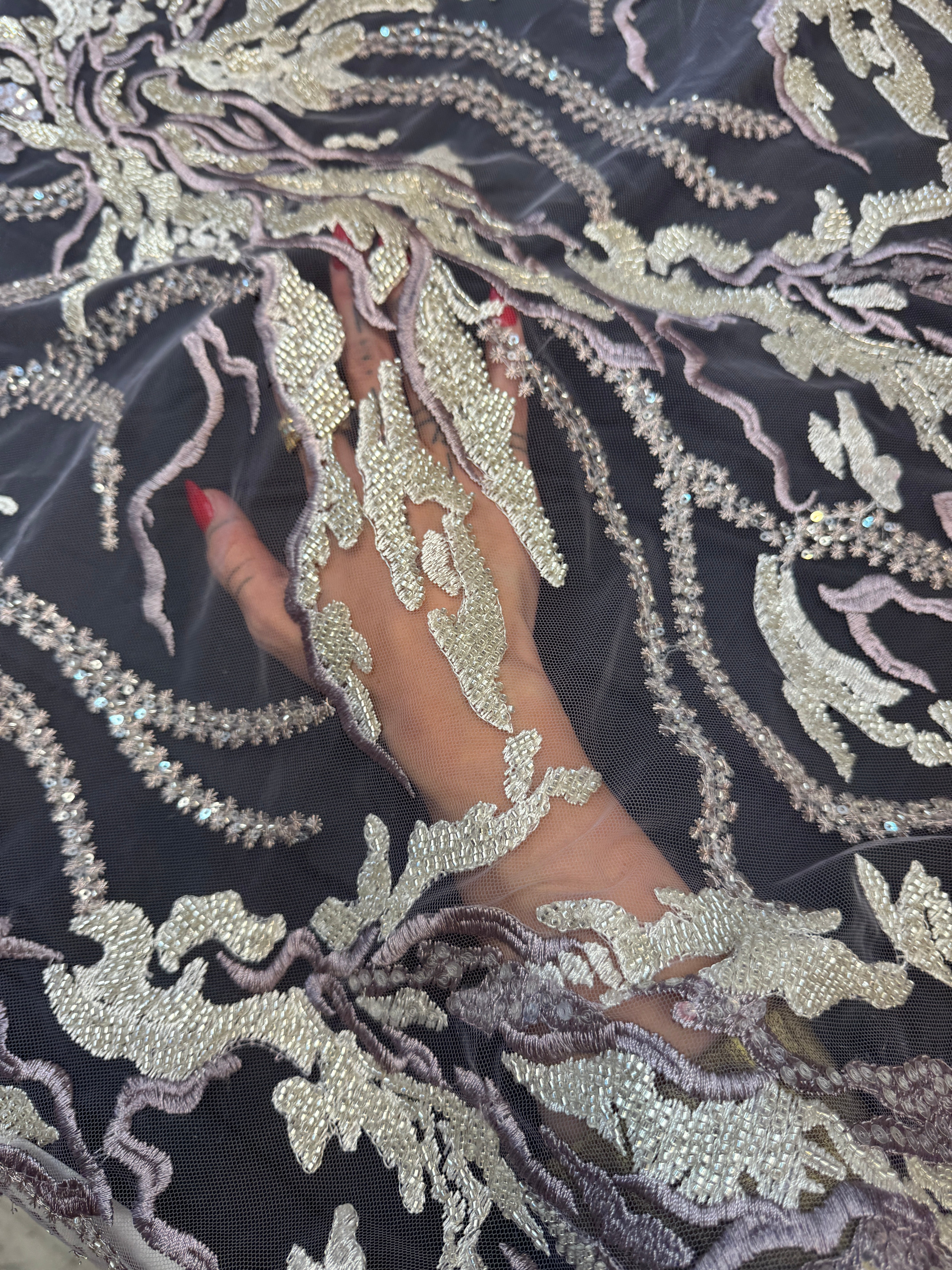 Champagne-Lilac Abstract Leaf Beaded Sequin Lace, Leaf Sequin Lace, Beaded Sequin Lace, Leaf Lace Fabric, Abstract Lace Fabric, Embellished Lace Fabric, Sequin Lace Fabric, Beaded Lace Fabric