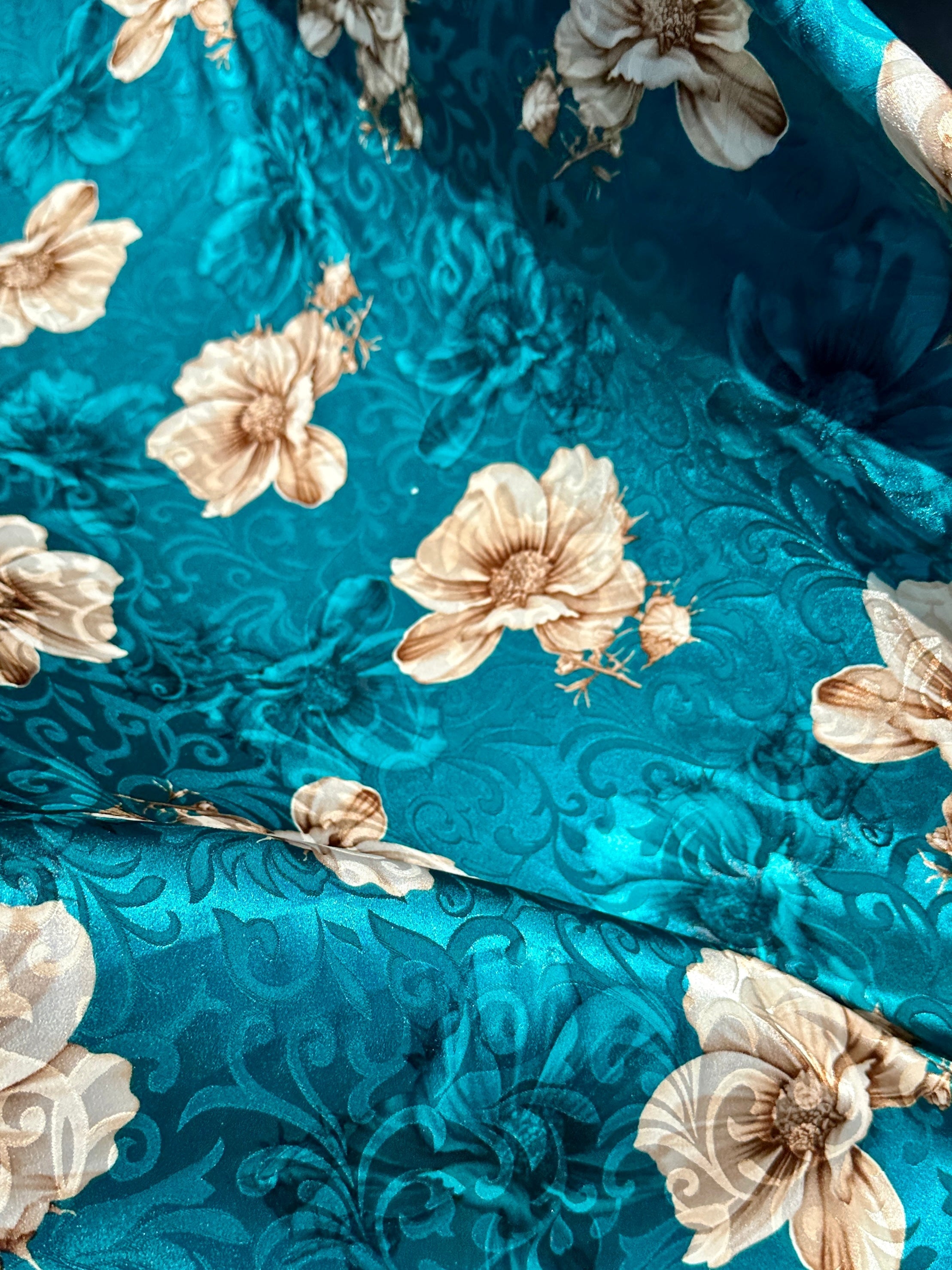 turquoise Floral Print Satin, blue Floral Print Satin, navy Floral Print Satin, dark blue Floral Print Satin, Floral Print Satin for bridal wear, Floral Print Satin for party wear, Floral Print Satin in low price, premium Floral Print Satin