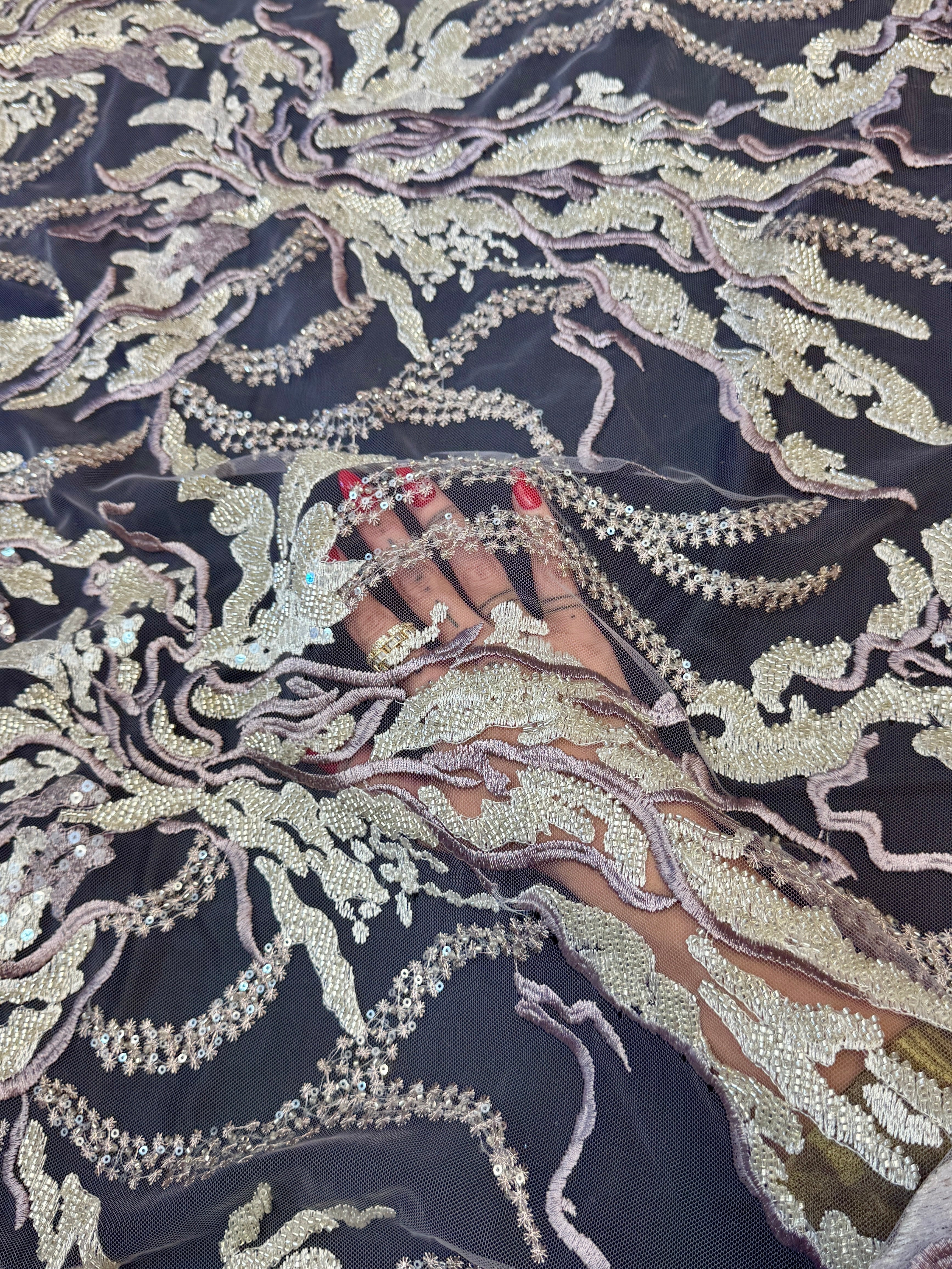 Champagne-Lilac Abstract Leaf Beaded Sequin Lace, Kiki Sewing Store, Kiki Luxury Fabric, Cheap Fabric Store, Kiki Textiles, Kiki Textile by the Yard, Kiki Textile USA