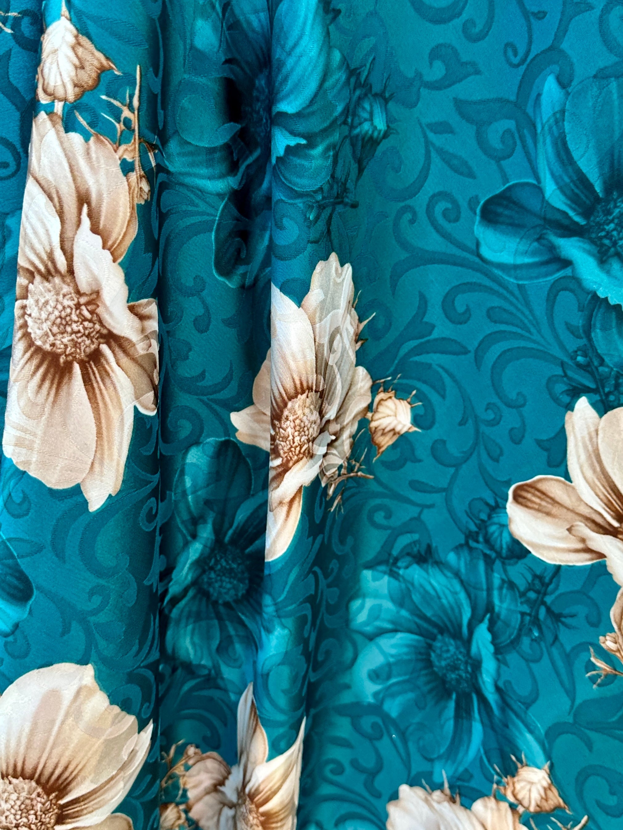 turquoise Floral Print Satin, blue Floral Print Satin, navy Floral Print Satin, dark blue Floral Print Satin, Floral Print Satin for bridal wear, Floral Print Satin for party wear, Floral Print Satin in low price, premium Floral Print Satin