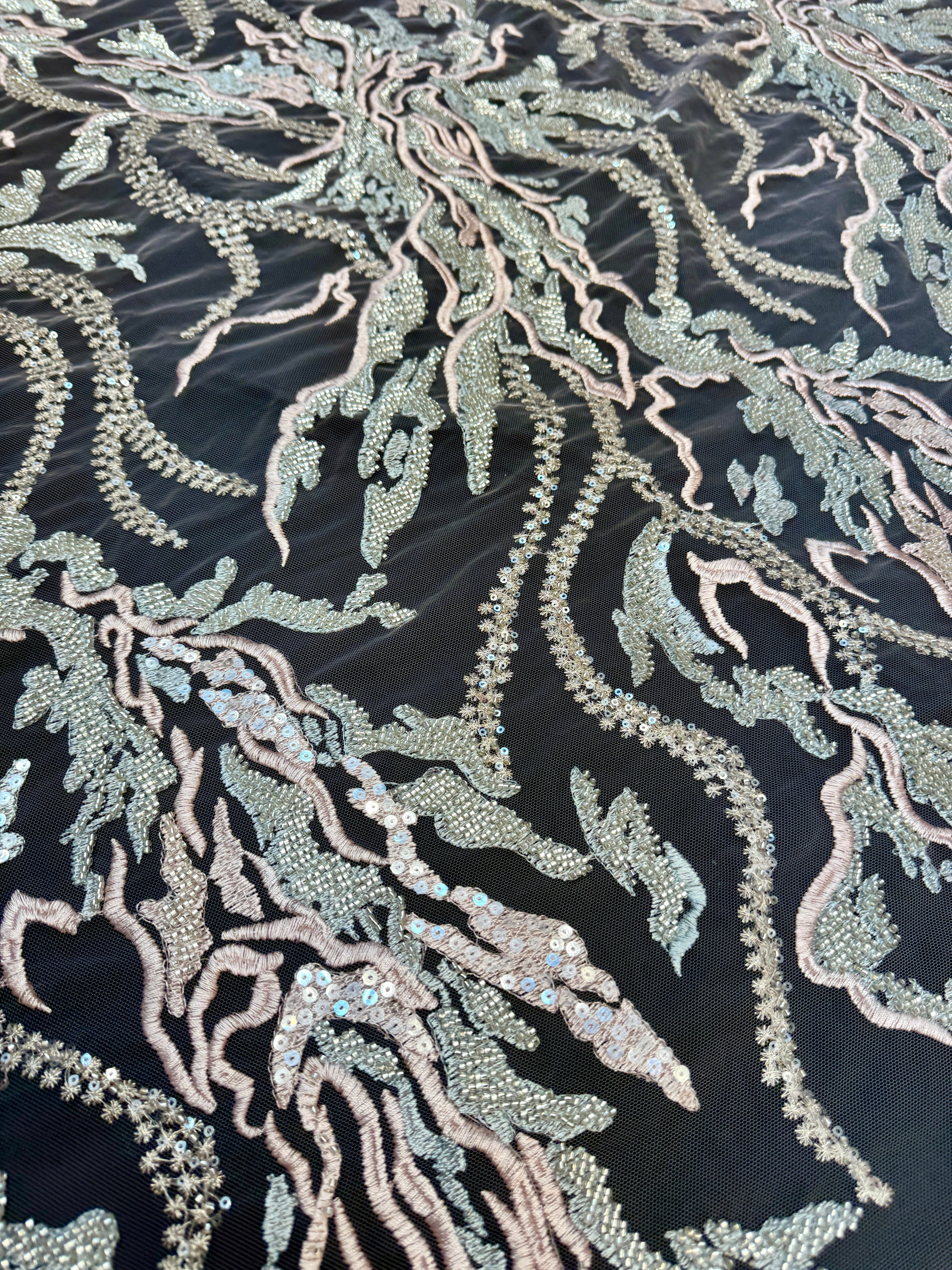 Blush-Mint Abstract Leaf Beaded Sequin Lace, Leaf Sequin Lace, Beaded Sequin Lace, Leaf Lace Fabric, Abstract Lace Fabric, Embellished Lace Fabric, Sequin Lace Fabric, Beaded Lace Fabric