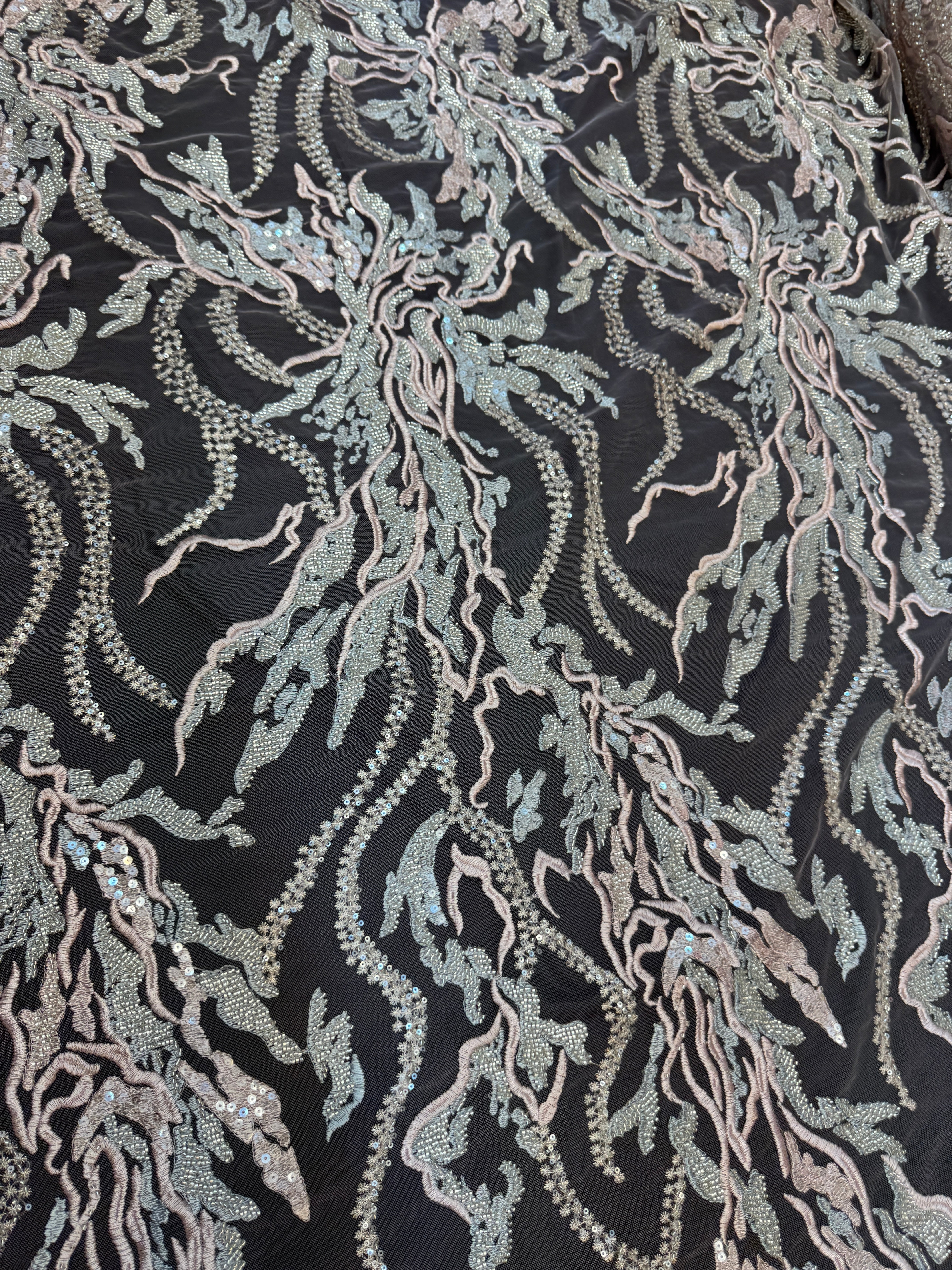 Blush-Mint Abstract Leaf Beaded Sequin Lace, Leaf Sequin Lace, Beaded Sequin Lace, Leaf Lace Fabric, Abstract Lace Fabric, Embellished Lace Fabric, Sequin Lace Fabric, Beaded Lace Fabric