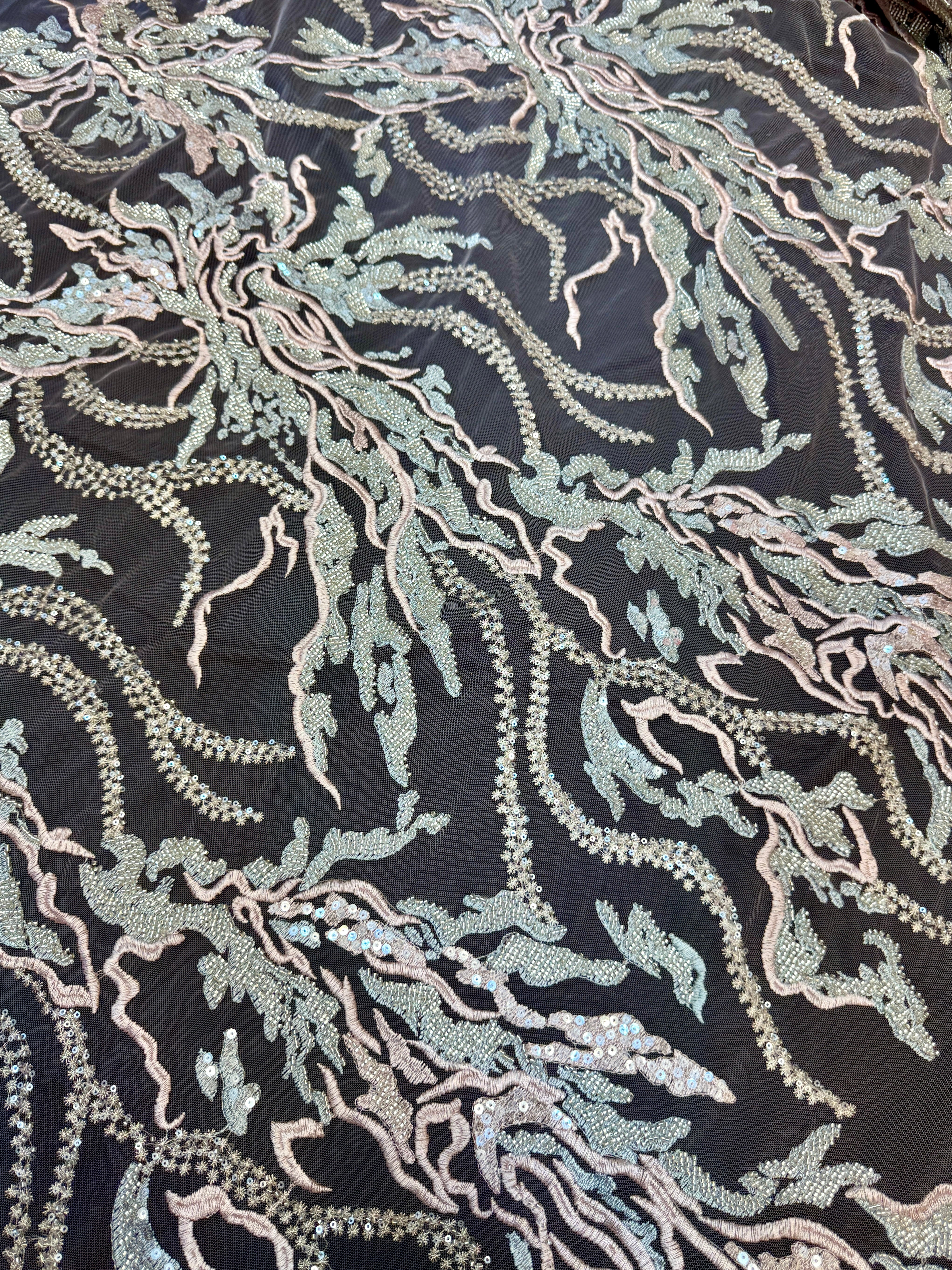 Blush-Mint Abstract Leaf Beaded Sequin Lace, Leaf Sequin Lace, Beaded Sequin Lace, Leaf Lace Fabric, Abstract Lace Fabric, Embellished Lace Fabric, Sequin Lace Fabric, Beaded Lace Fabric