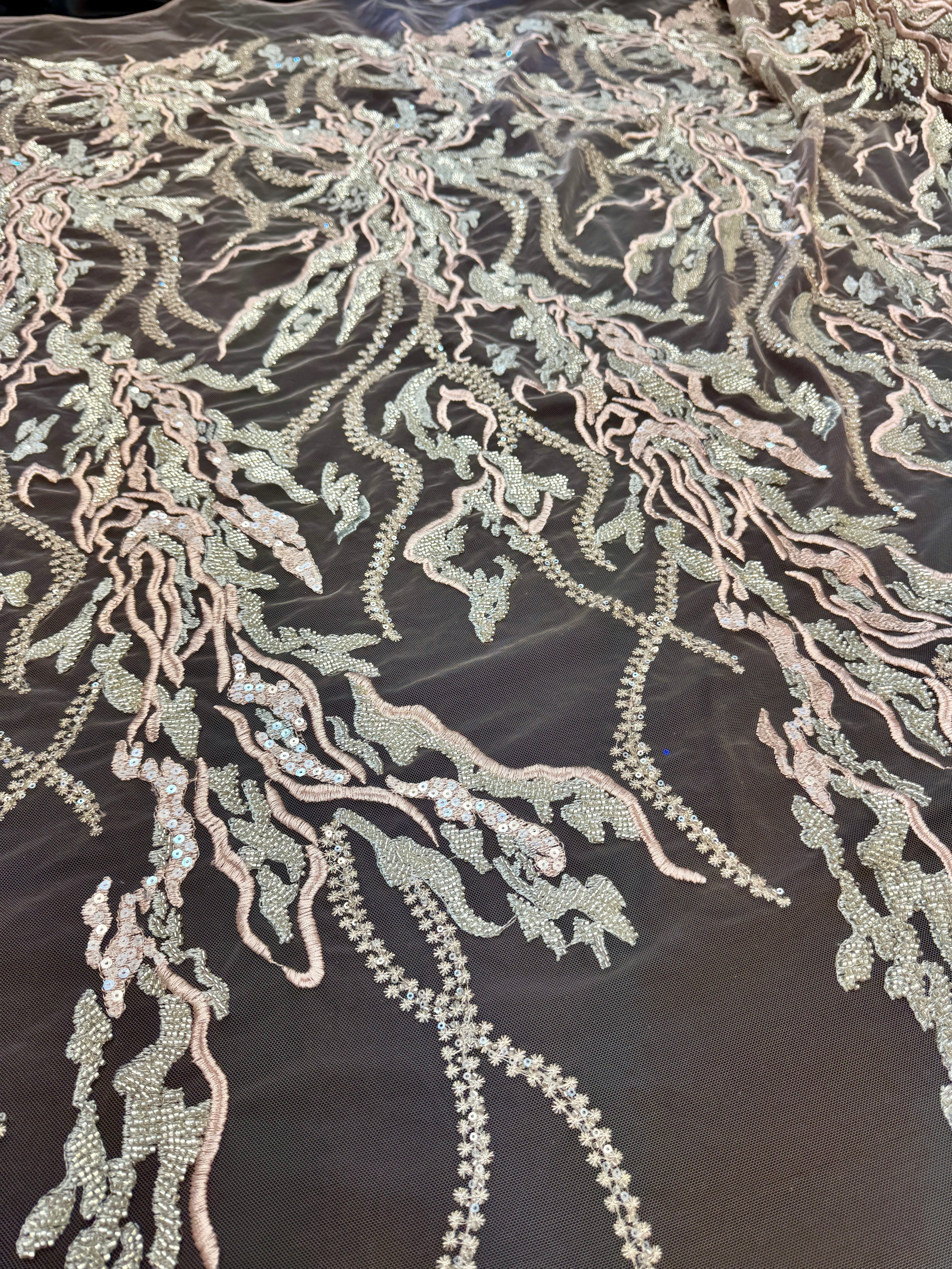 Blush-Mint Abstract Leaf Beaded Sequin Lace, Kiki Sewing Store, Kiki Luxury Fabric, Cheap Fabric Store, Kiki Textiles, Kiki Textile by the Yard, Kiki Textile USA