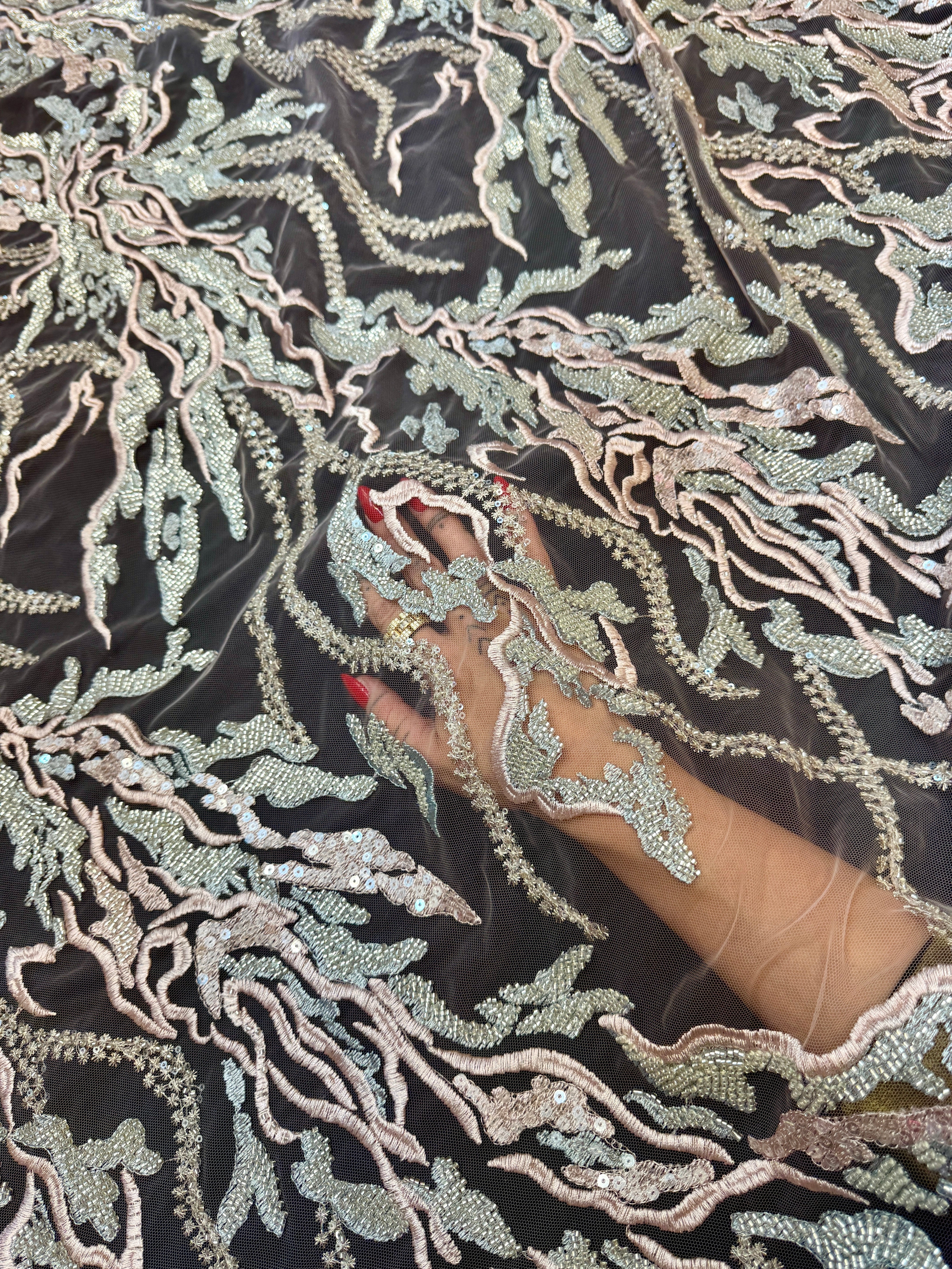 Blush-Mint Abstract Leaf Beaded Sequin Lace, Kiki Sewing Store, Kiki Luxury Fabric, Cheap Fabric Store, Kiki Textiles, Kiki Textile by the Yard, Kiki Textile USA