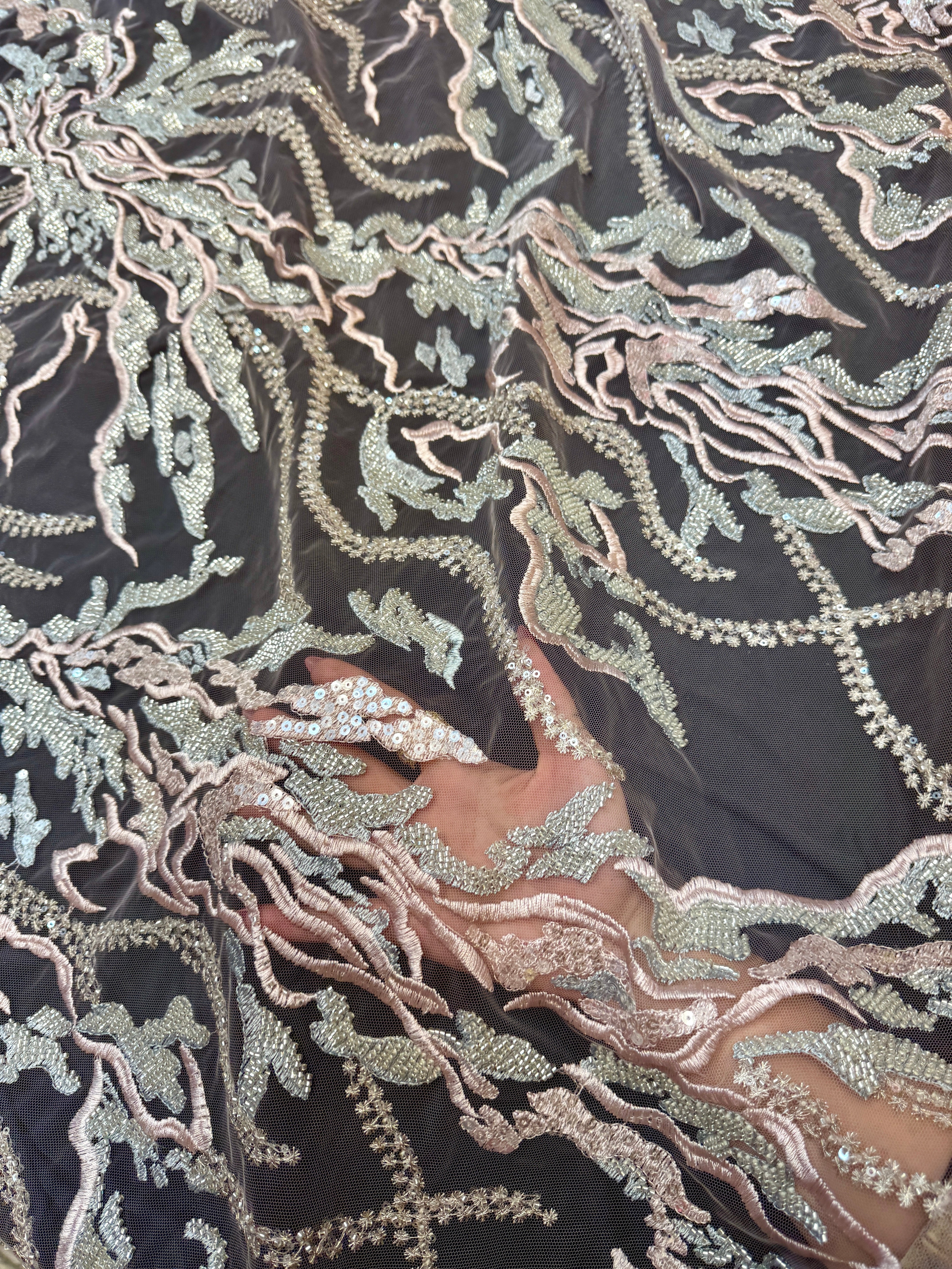 Blush-Mint Abstract Leaf Beaded Sequin Lace, Kiki Sewing Store, Kiki Luxury Fabric, Cheap Fabric Store, Kiki Textiles, Kiki Textile by the Yard, Kiki Textile USA