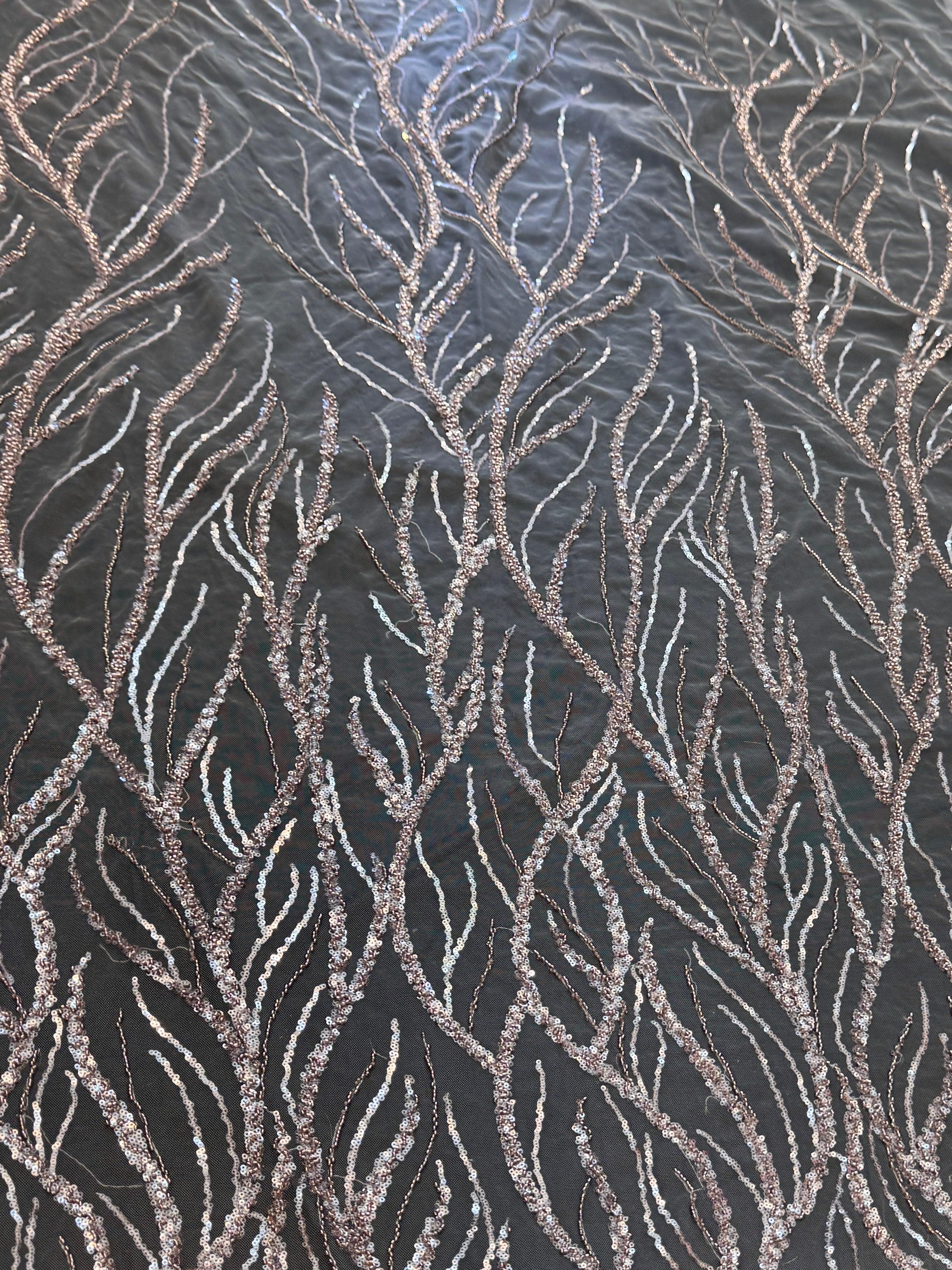 Dusty Pink Abstract Branch Beaded Sequin Lace on Mesh, Branch Lace Fabric, Beaded Sequin Lace, Sequin Mesh Lace, Beaded Lace Mesh, Abstract Lace Fabric, Embellished Lace Fabric