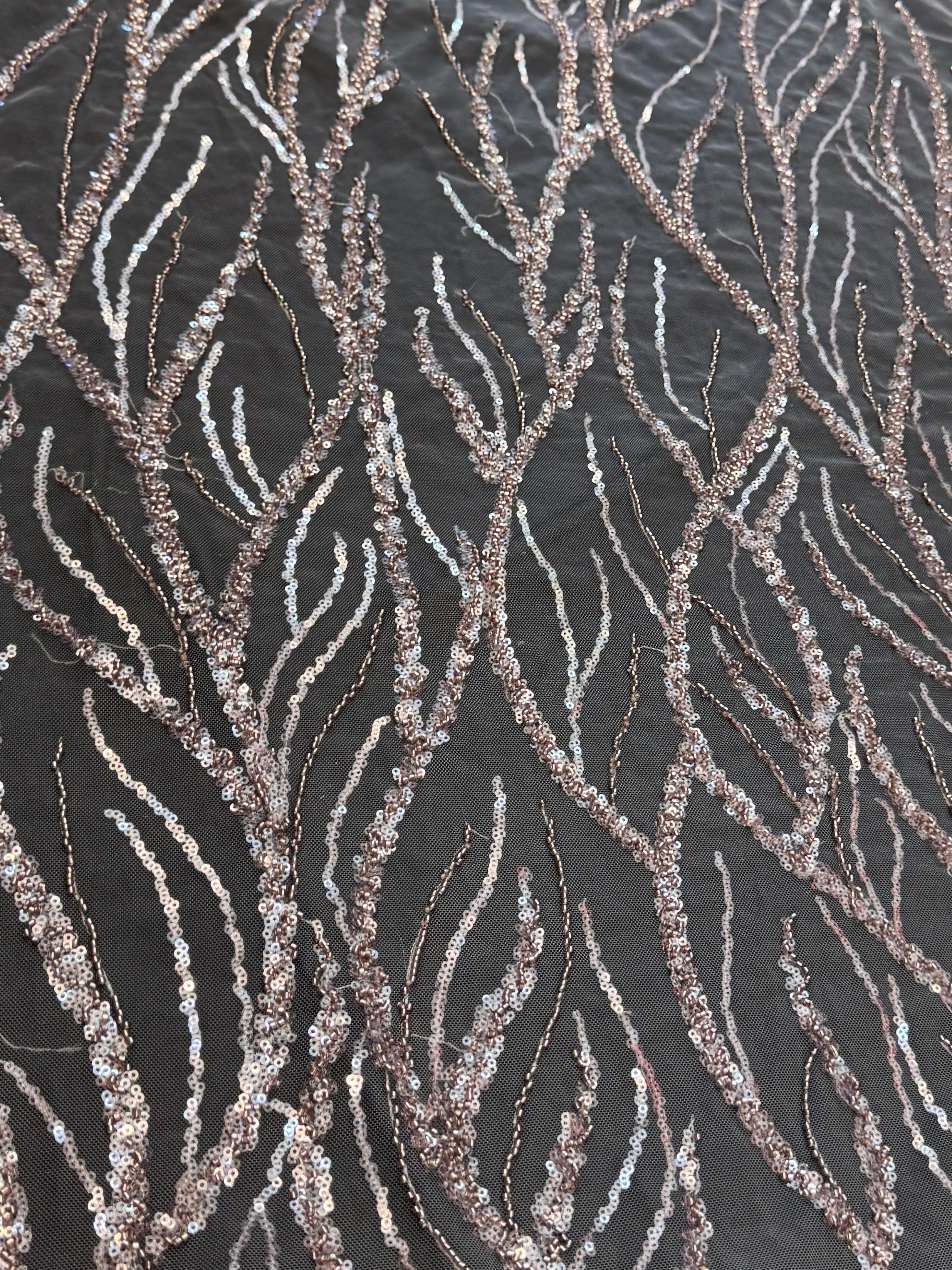 Dusty Pink Abstract Branch Beaded Sequin Lace on Mesh, Branch Lace Fabric, Beaded Sequin Lace, Sequin Mesh Lace, Beaded Lace Mesh, Abstract Lace Fabric, Embellished Lace Fabric